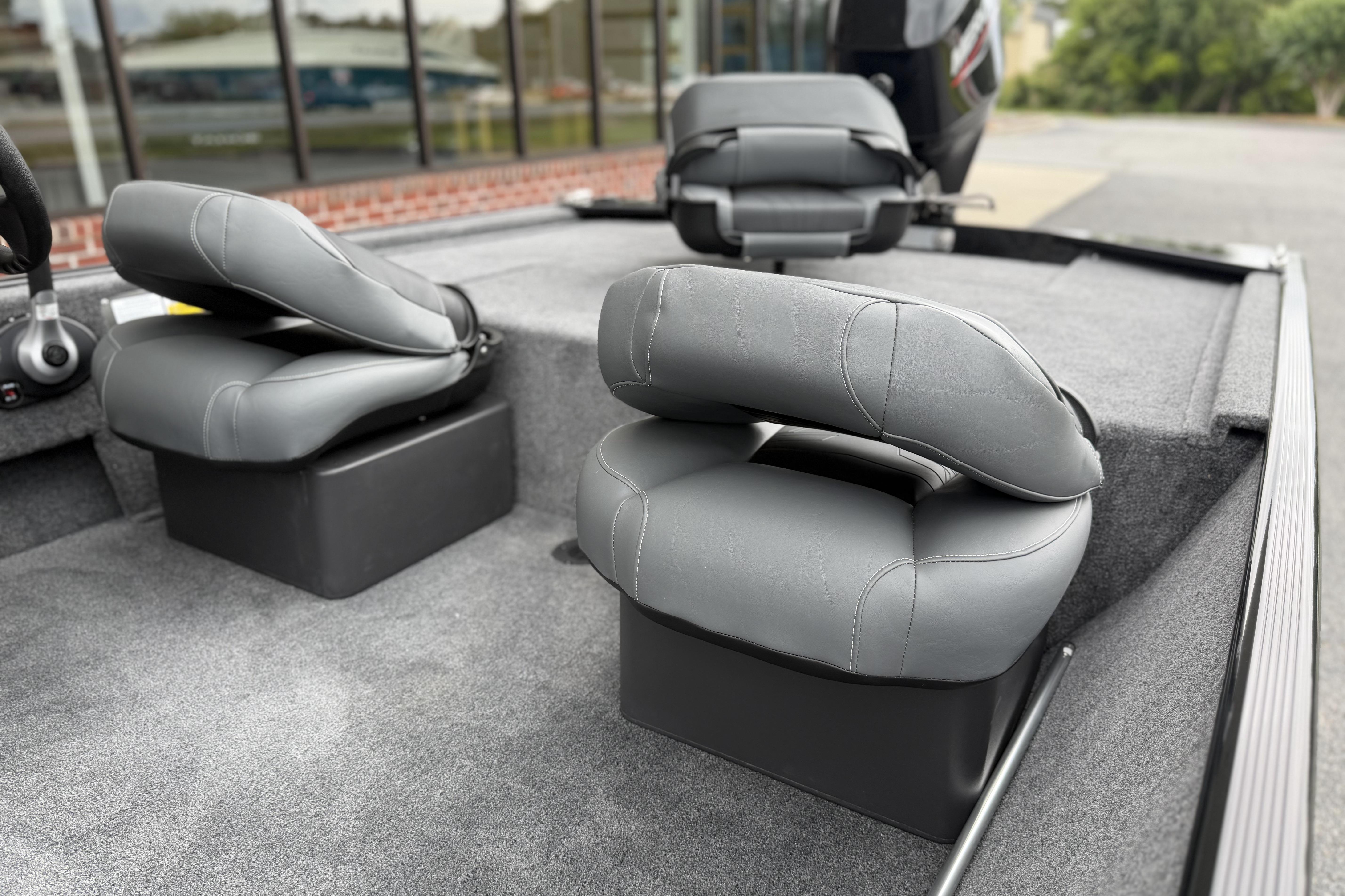 2026 Tracker Bass Tracker Classic XL boat interior with gray cushioned seats.