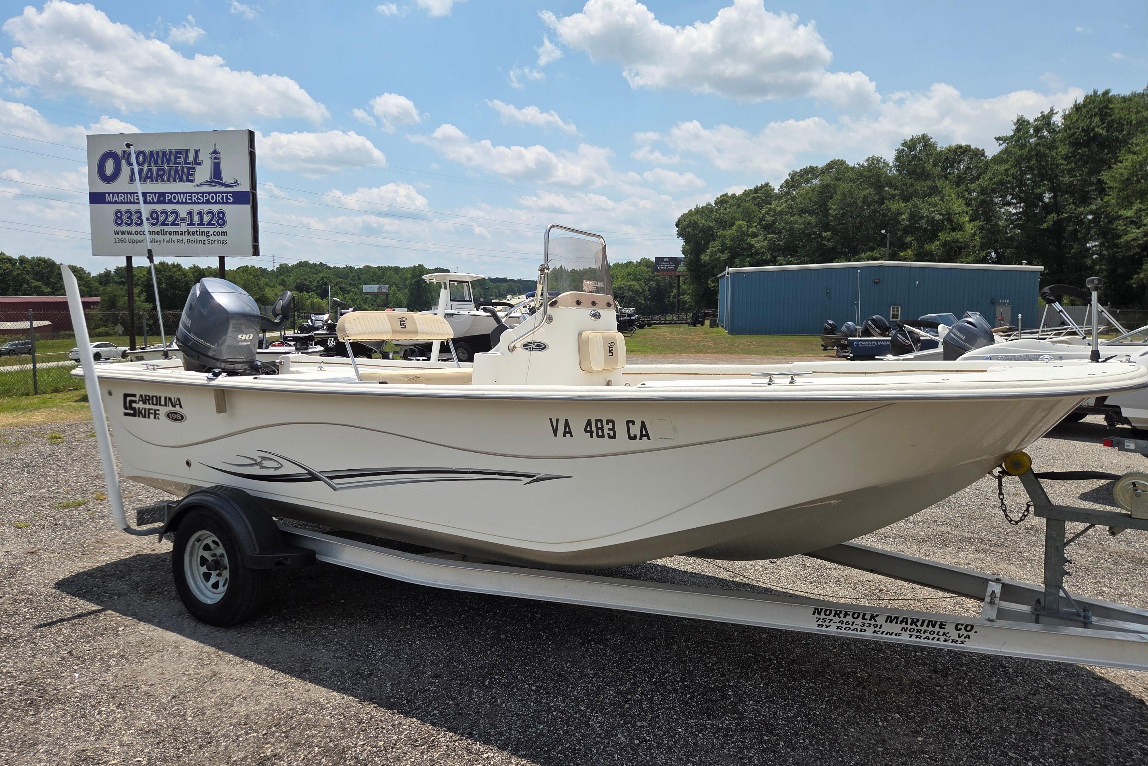 2016 Carolina Skiff 198 DLV boat on trailer at O'Donnell Marine dealership.