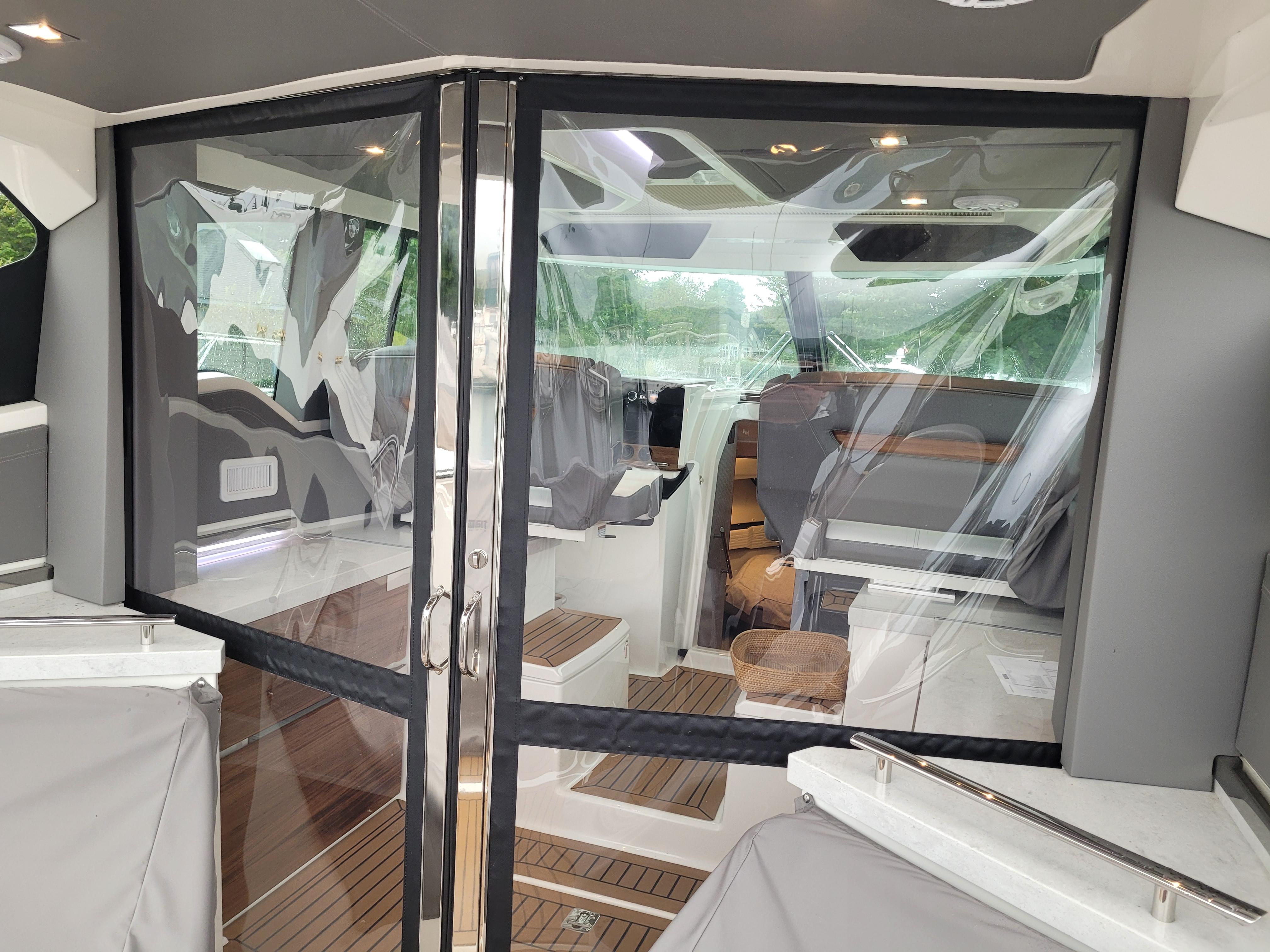 Interior view of 2021 Tiara Sport 43LE yacht with sleek design and modern furnishings.