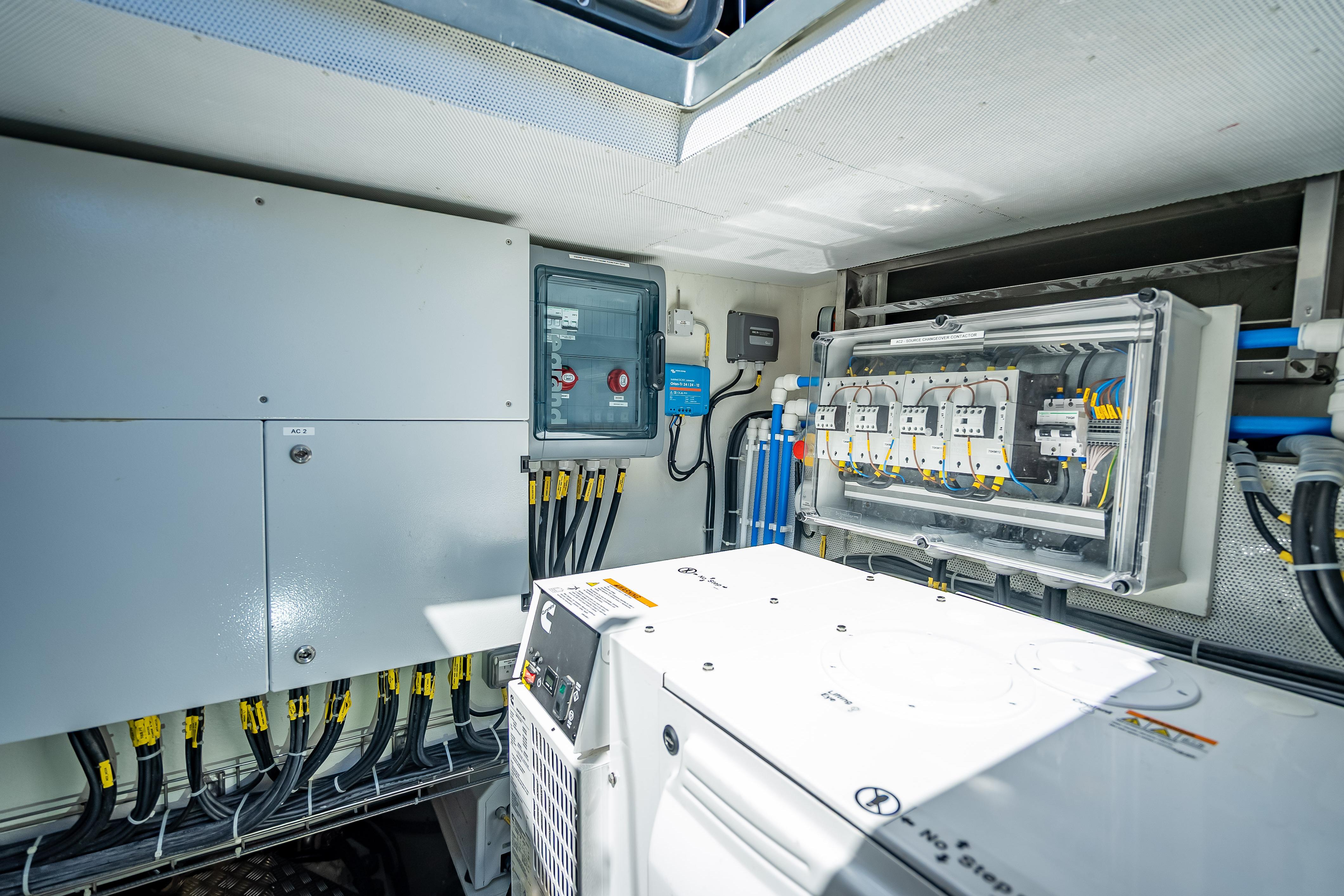 Electrical system of 2026 Sunreef 60 Power yacht, showcasing control panels and wiring.