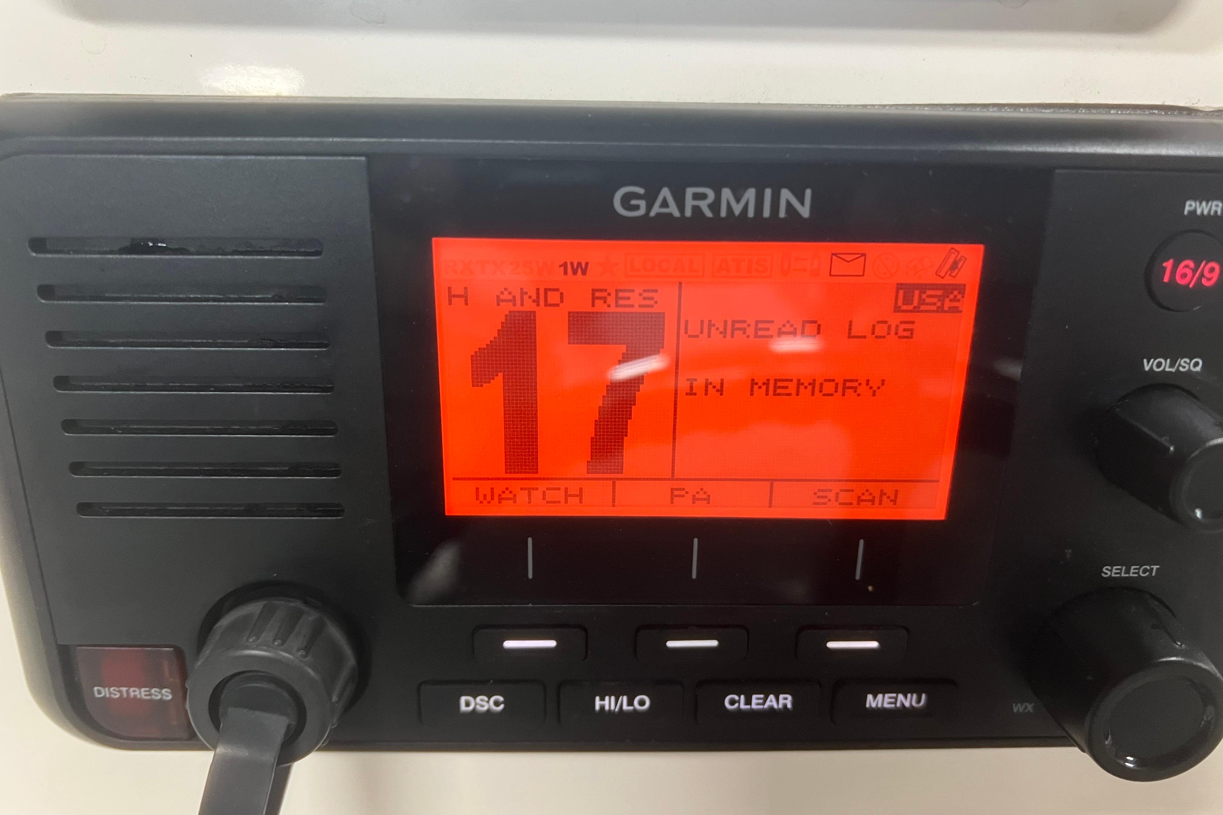 Garmin marine radio display on 2018 Cobia 201 Center Console boat.