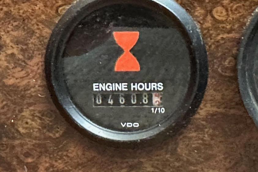 Engine hour meter showing 460.8 hours on 1985 Egg Harbor 33 Sedan.