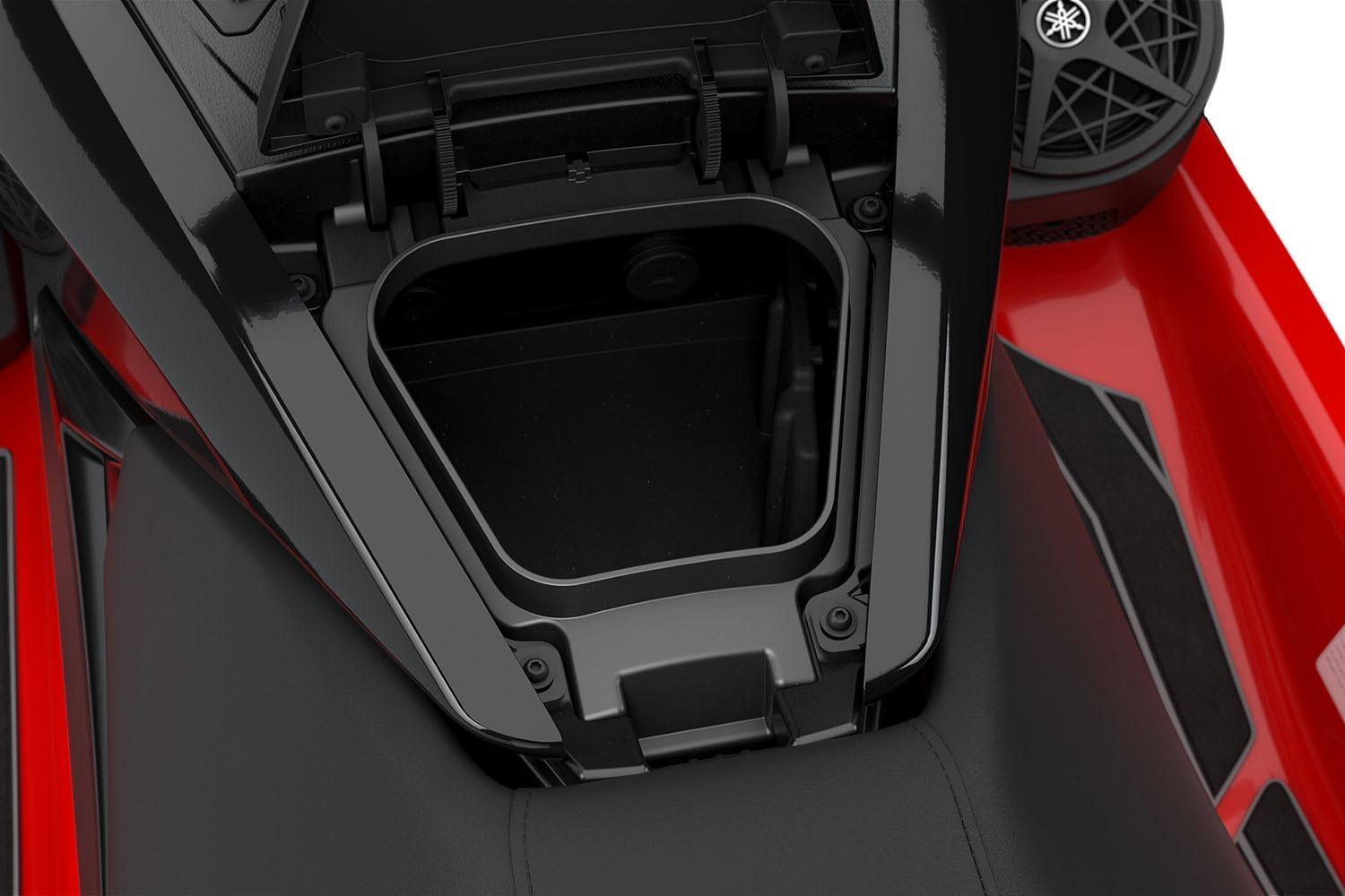 Manufacturer Provided Image: 2026 Yamaha WaveRunner FX Cruiser HO storage compartment, open view, red and black design.