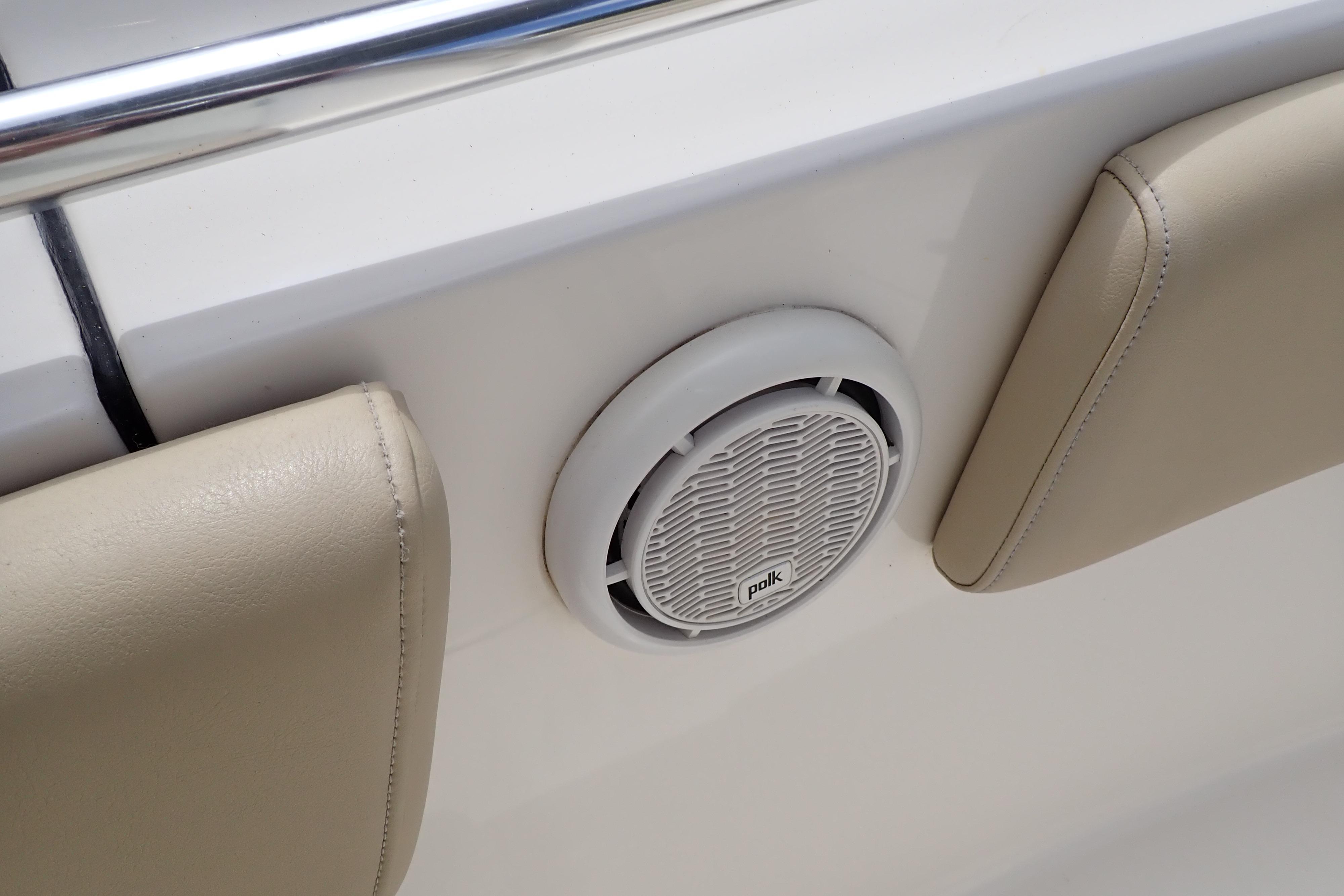 Polk speaker on 2019 Key West 263 FS boat with beige upholstery.