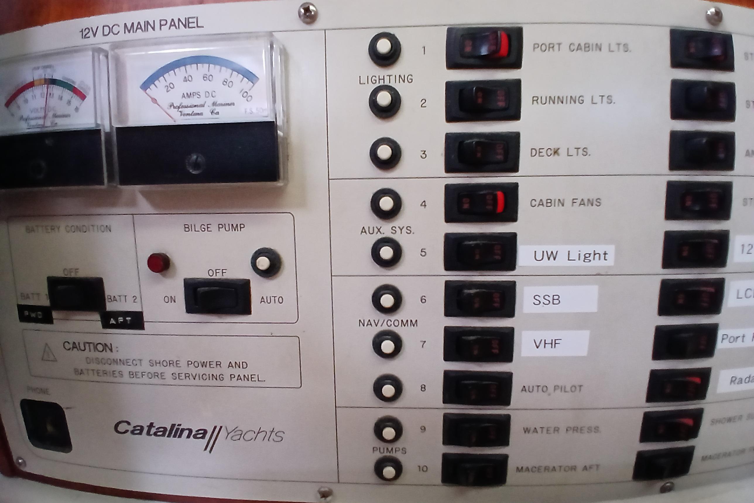 1995 Catalina 42 MkII yacht 12V DC main panel with switches and gauges.