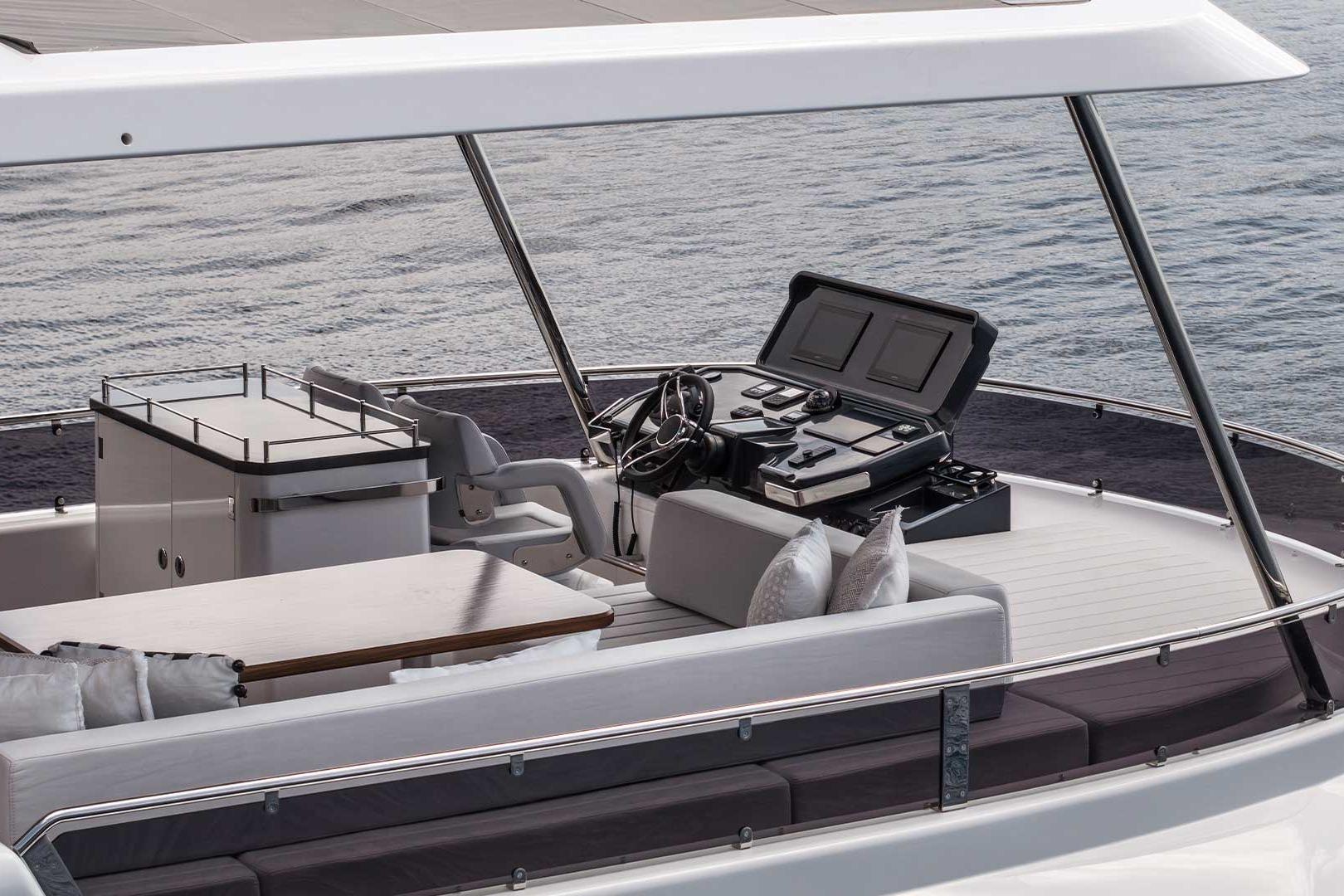 Luxurious Sirena 60 yacht deck with modern helm and seating, 2026 model.