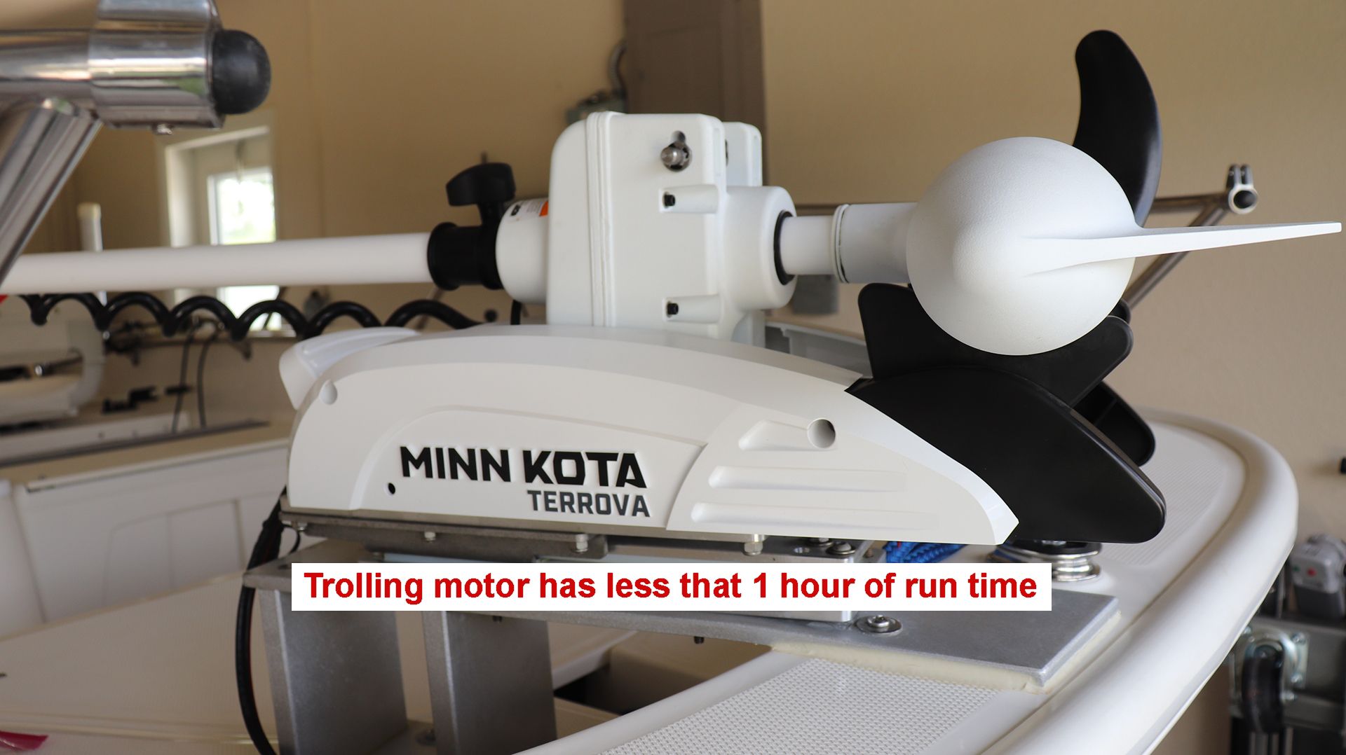 Close-up of a Minn Kota Terrova trolling motor on a Boston Whaler 150 Super Sport.