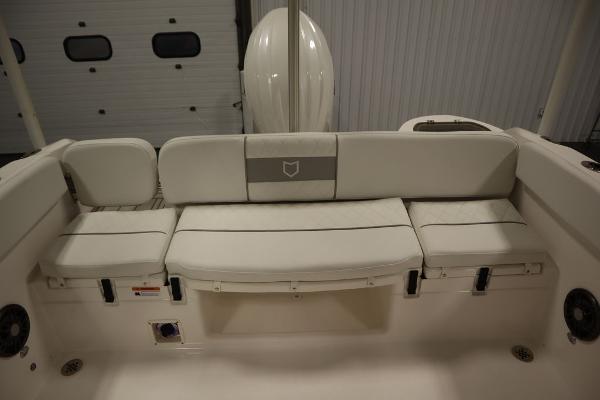 2025 Sea Fox 228 Traveler boat interior with cushioned seating.
