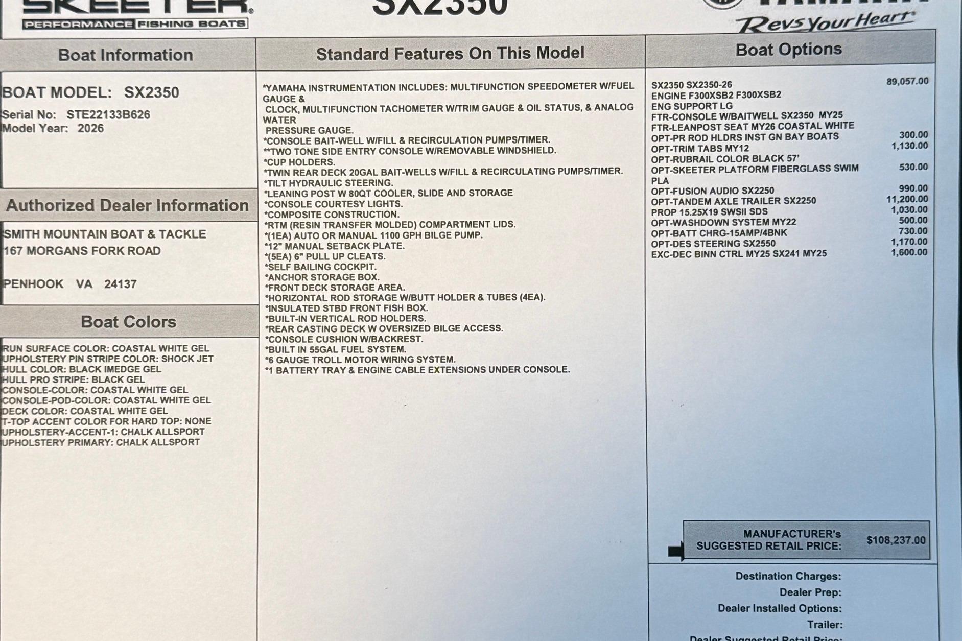 2026 Skeeter SX2350 boat features, options, dealer info, and pricing details displayed.
