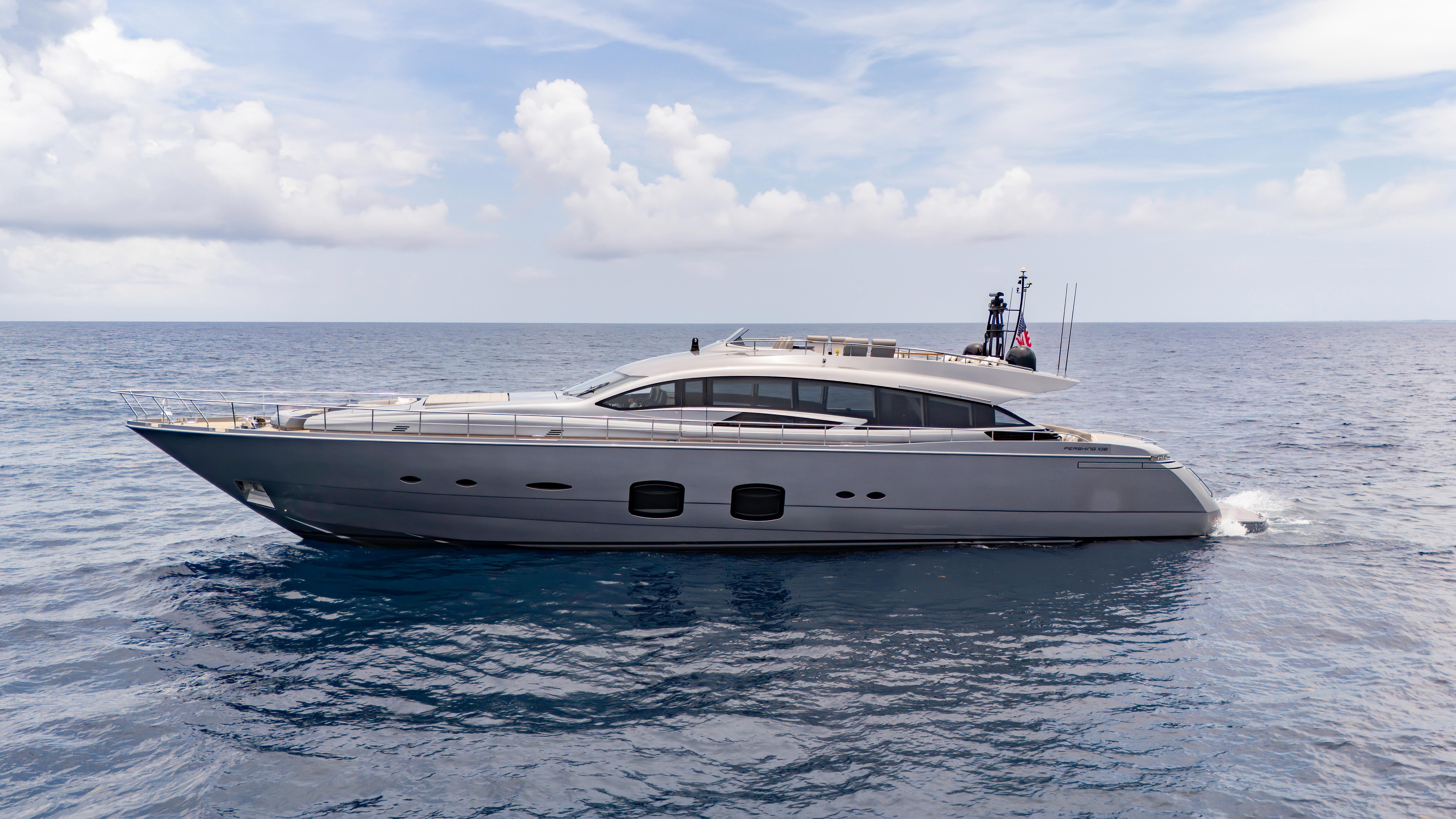 Luxury Pershing 108 yacht cruising on open sea, 2021 model.
