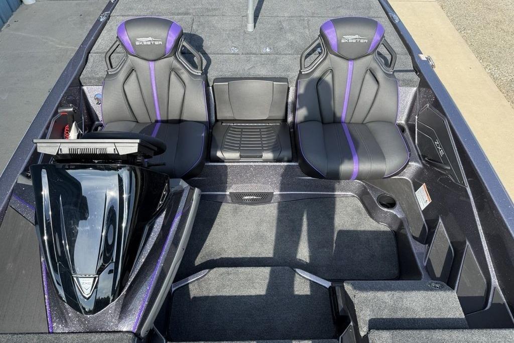 2026 Skeeter ZXE20 boat interior with sleek black and purple seats.