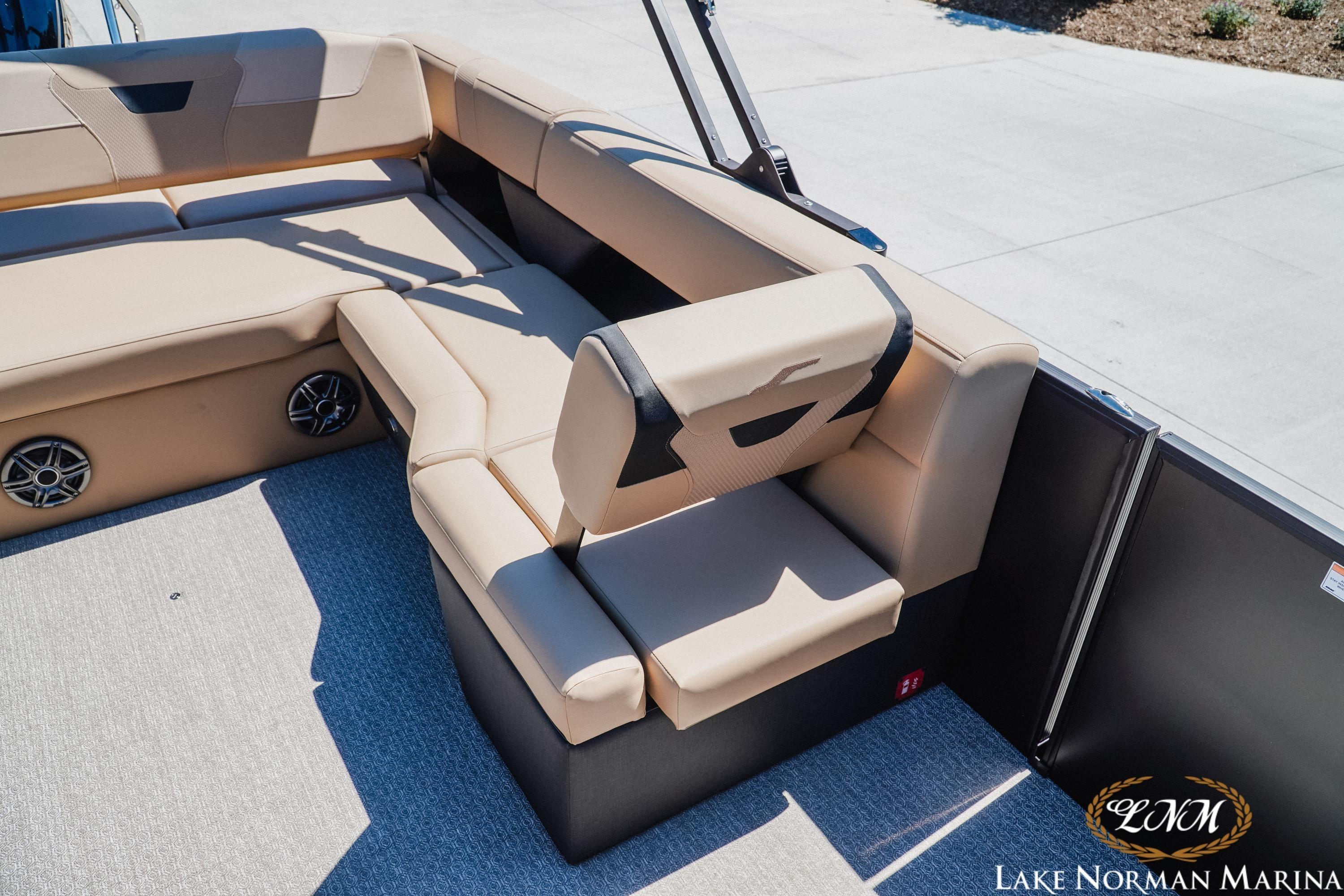 Luxurious seating on 2026 Evotti 523CS boat at Lake Norman Marina.