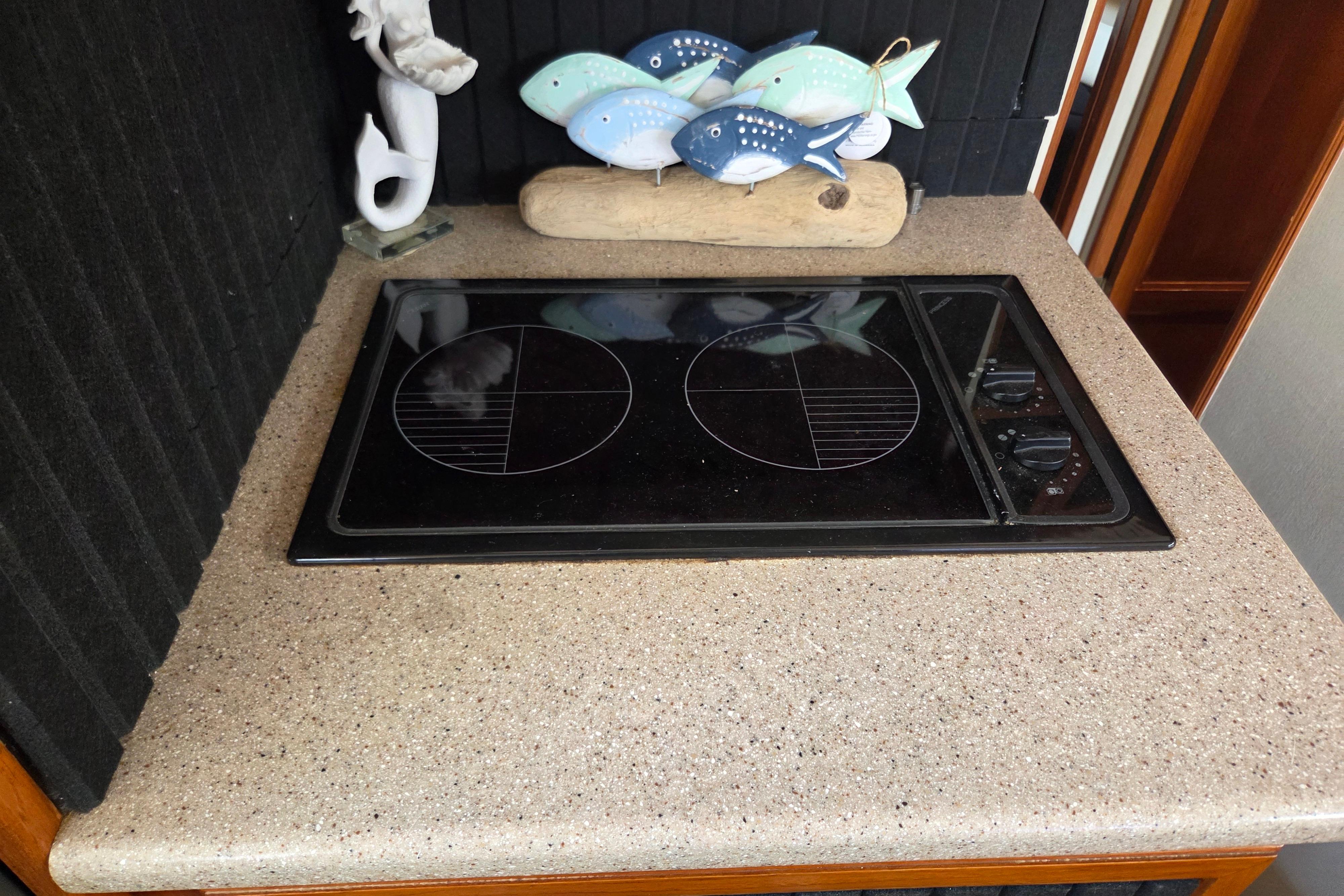 Ceramic cooktop on Egg Harbor Golden Egg 42 yacht, 1990 model, with decorative fish display.