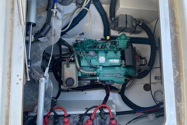 Engine compartment of 2018 Fountaine Pajot Astrea 42 with Volvo Penta engine.