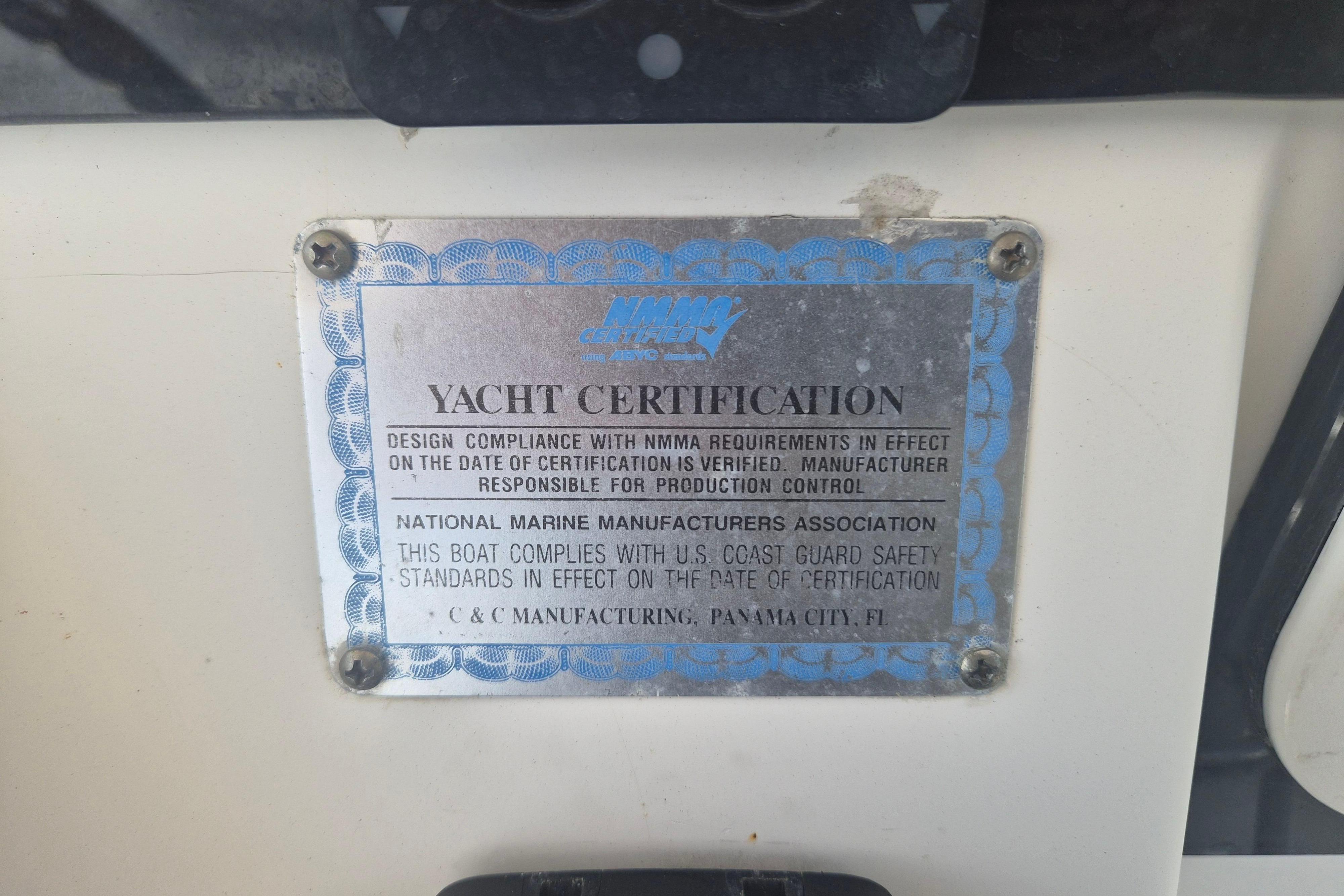 Yacht certification plaque on Century 2900 Center Console, year 2006.