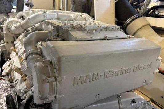 Engine room of 2006 Sunseeker Predator 82 featuring MAN Marine Diesel engine.