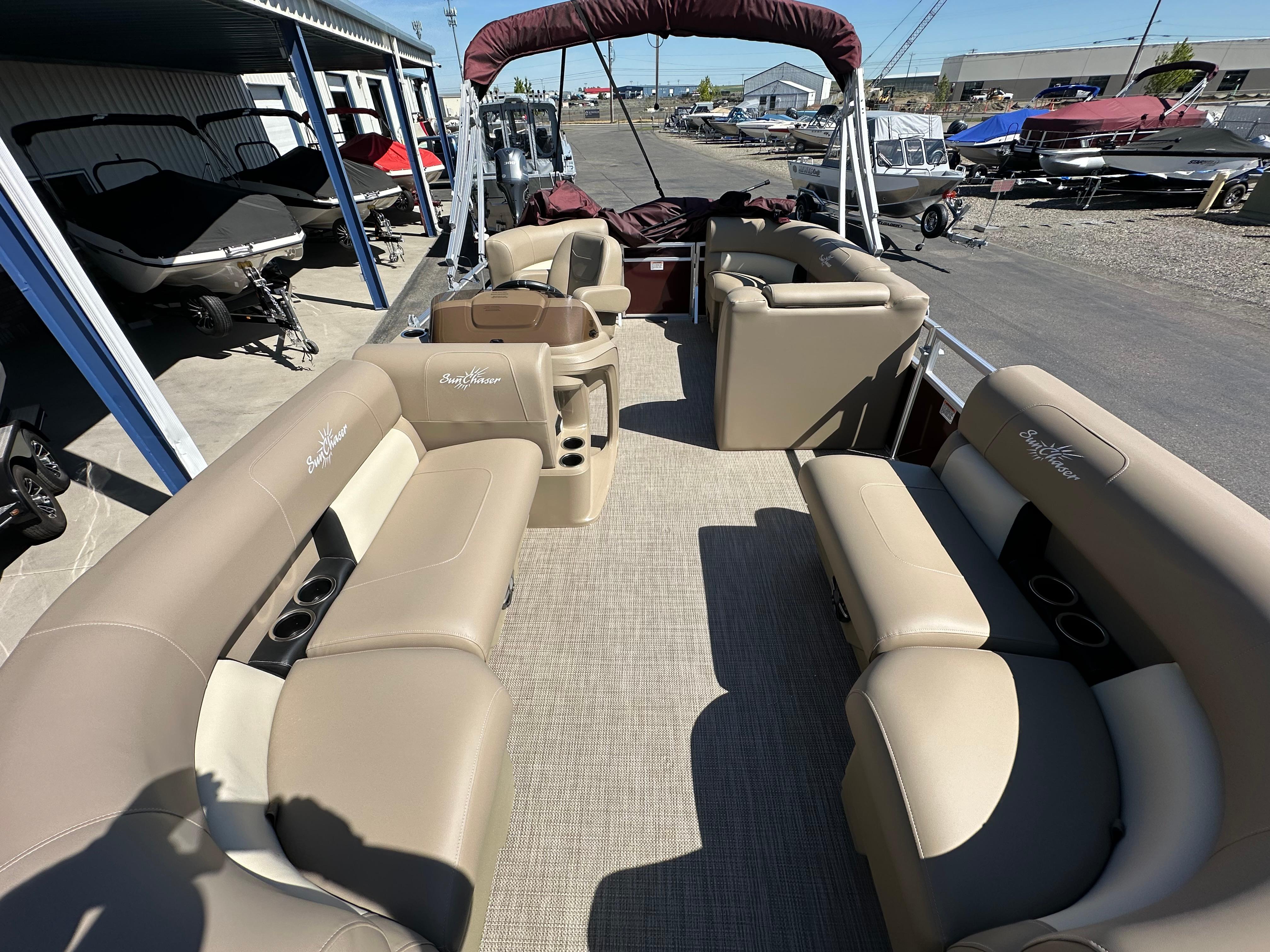 2024 SunChaser Vista 18 LR pontoon boat with spacious seating and modern design.