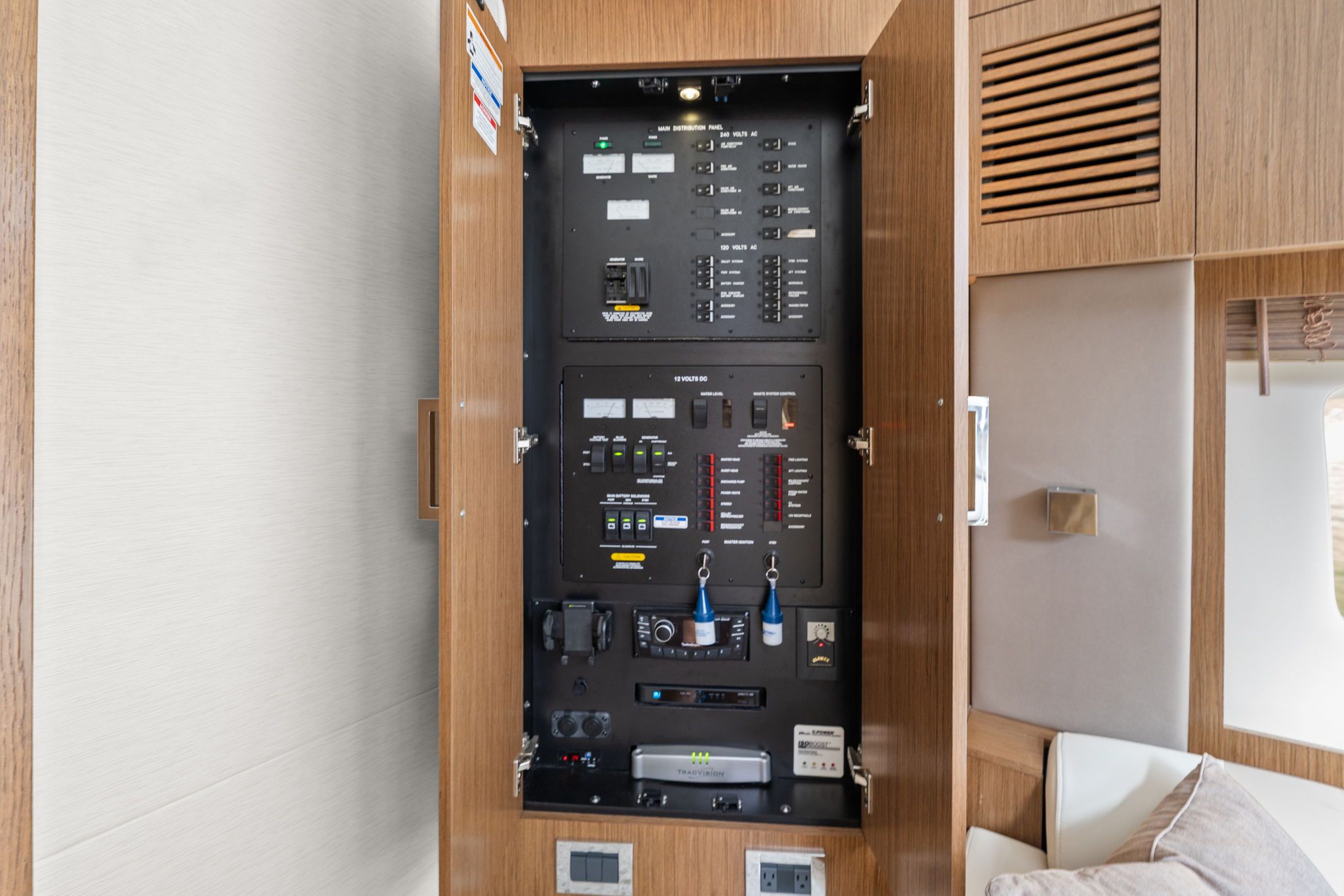 Electrical control panel inside a 2017 Sea Ray Sundancer 510 yacht.