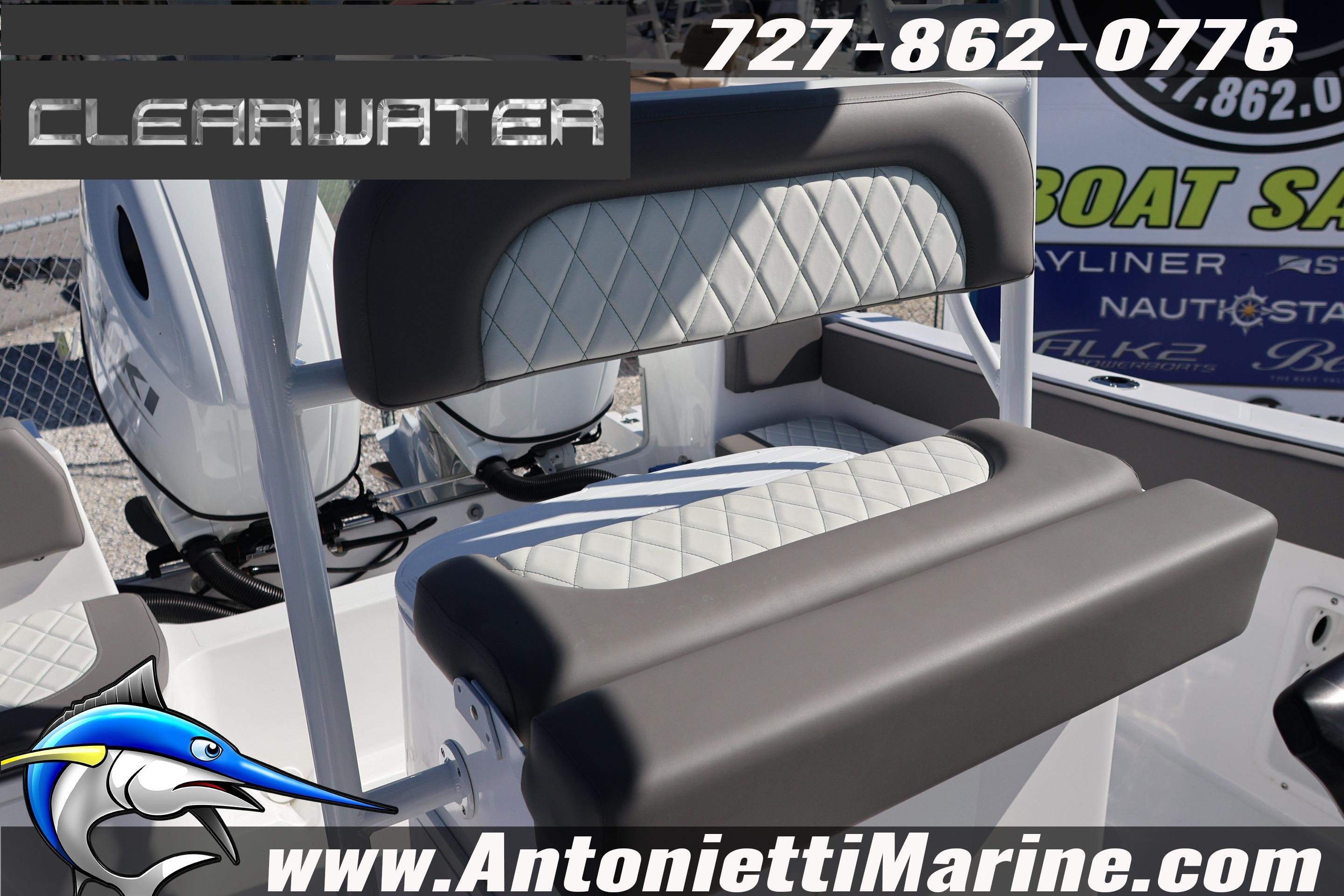 2026 Clearwater 2300 boat seating with diamond stitching, Antonietti Marine branding, contact number visible.