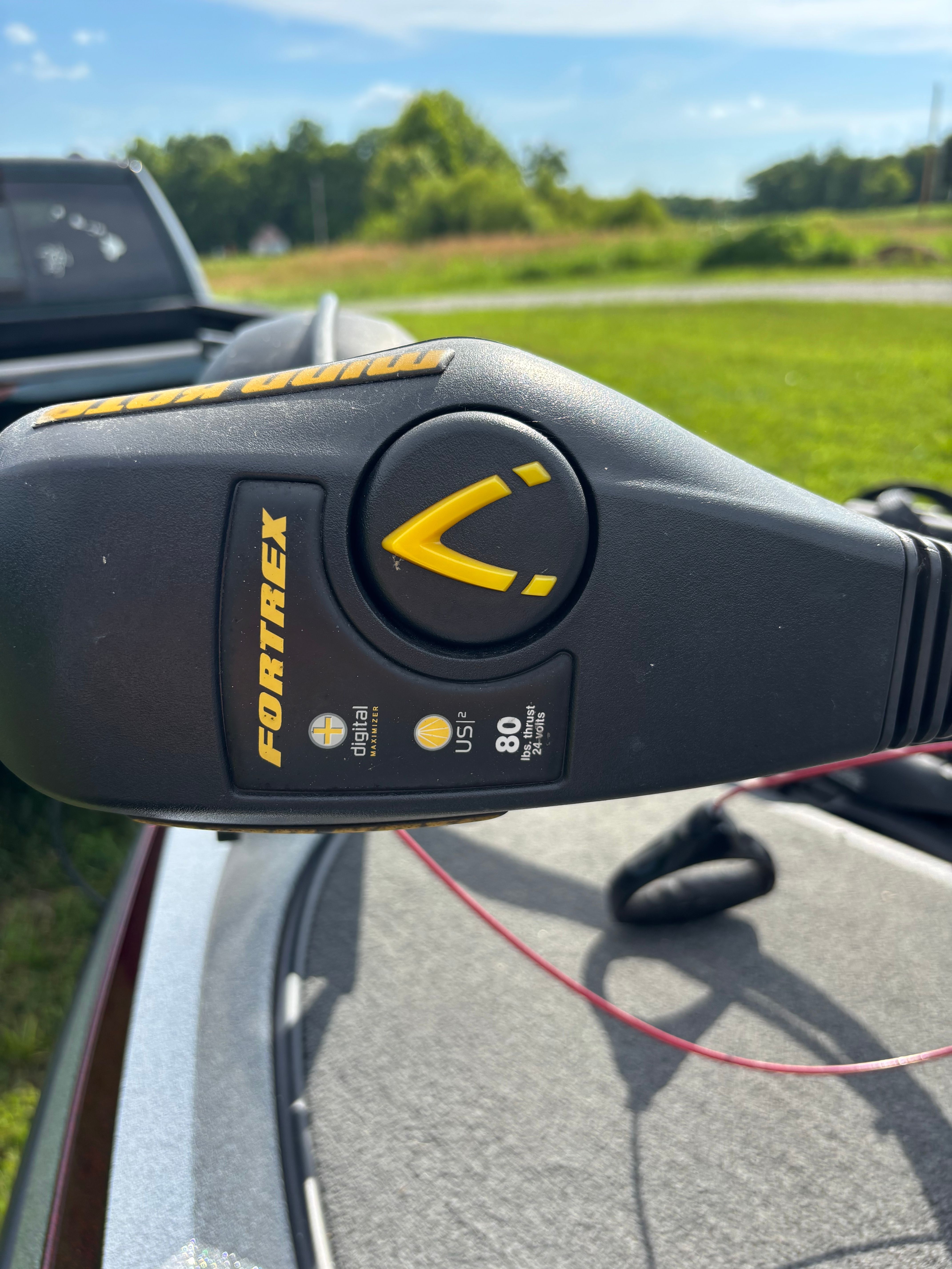 Close-up of a boat control device labeled "Fortrex."