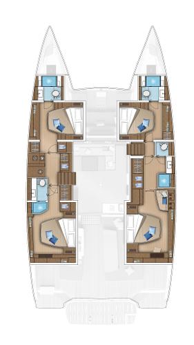 2025 Lagoon 55 catamaran interior layout with four cabins and modern amenities.