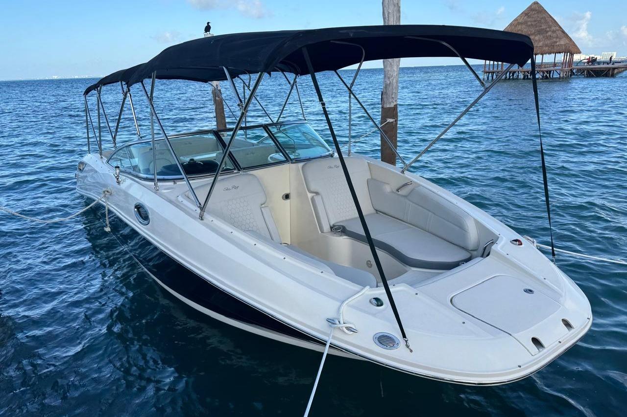 2010 Sea Ray 300 Sundeck boat docked on calm blue water.