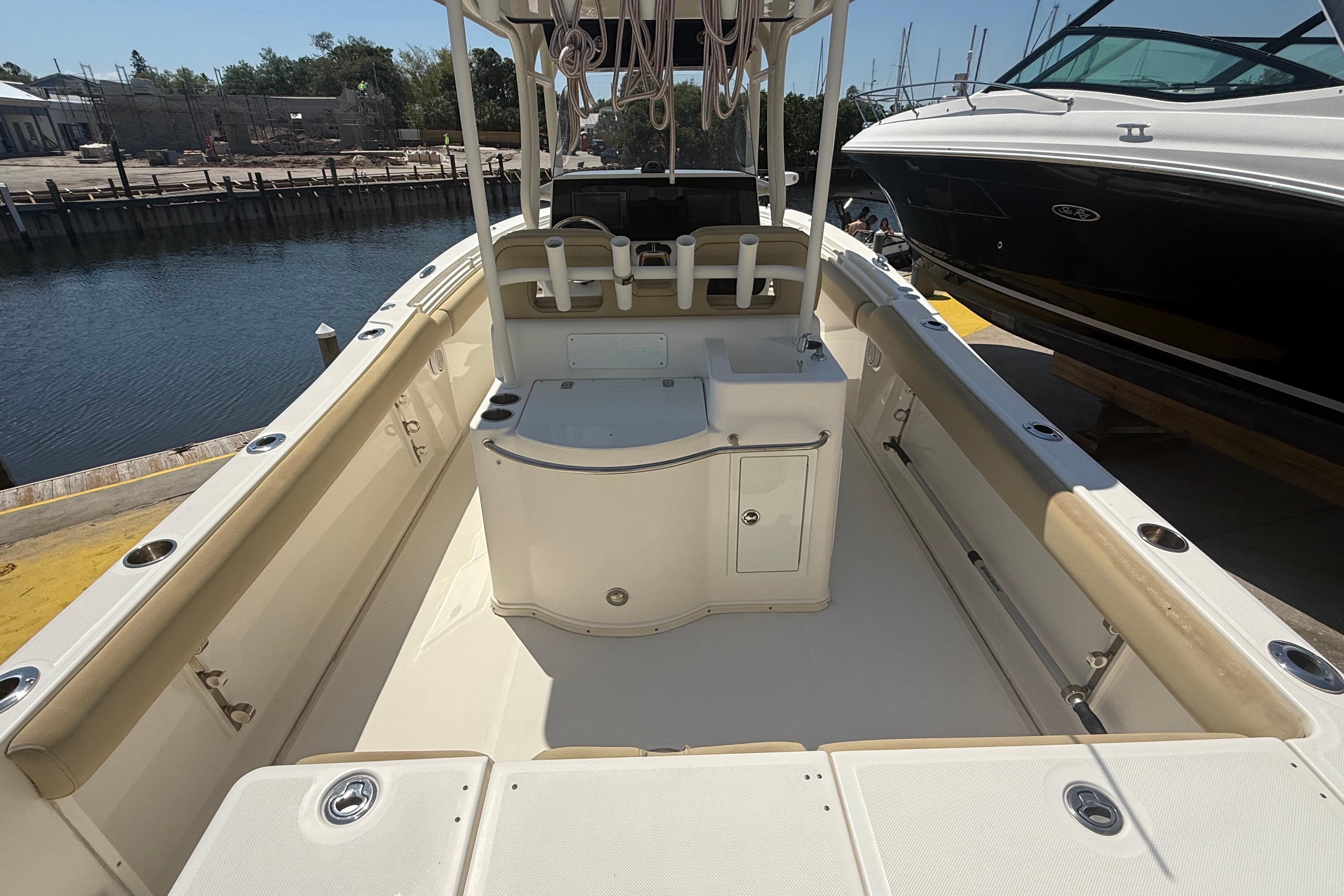 2019 Key West Billistic 281 Center Console boat interior at dockside.