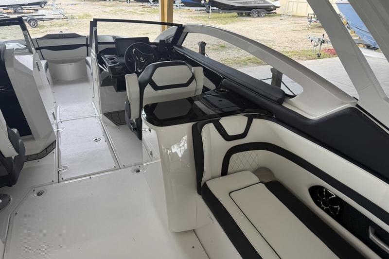 Interior of 2026 Yamaha Boats 275SD, featuring sleek seating and modern design.