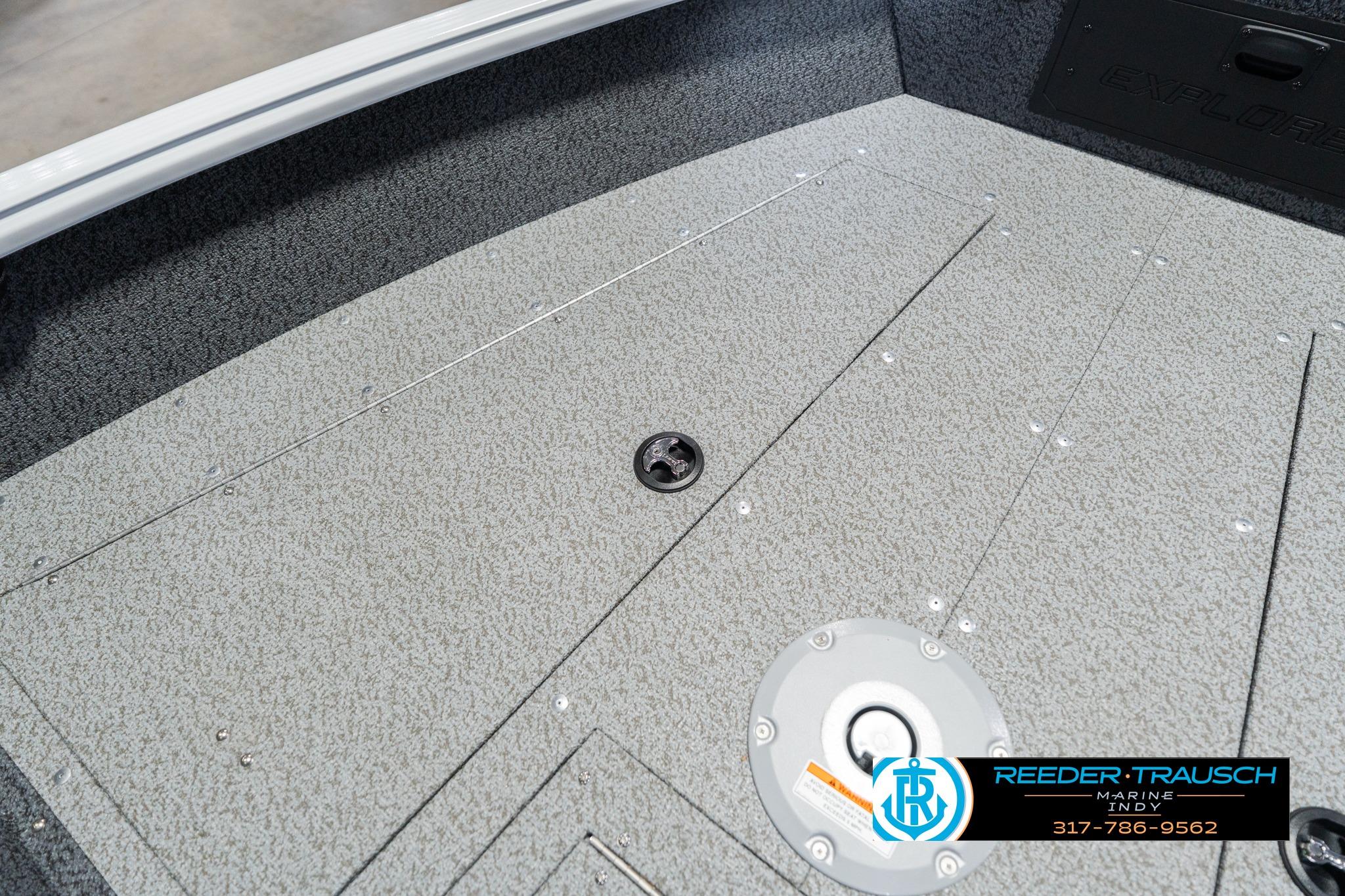 2026 Lund 1700 Explorer Sport boat deck with storage compartments and Reeder-Trausch Marine logo.