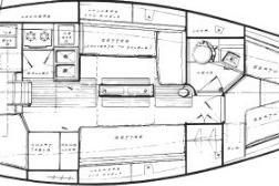 Floor plan of a 1986 O'Day 35 sailboat, showcasing interior layout and design.