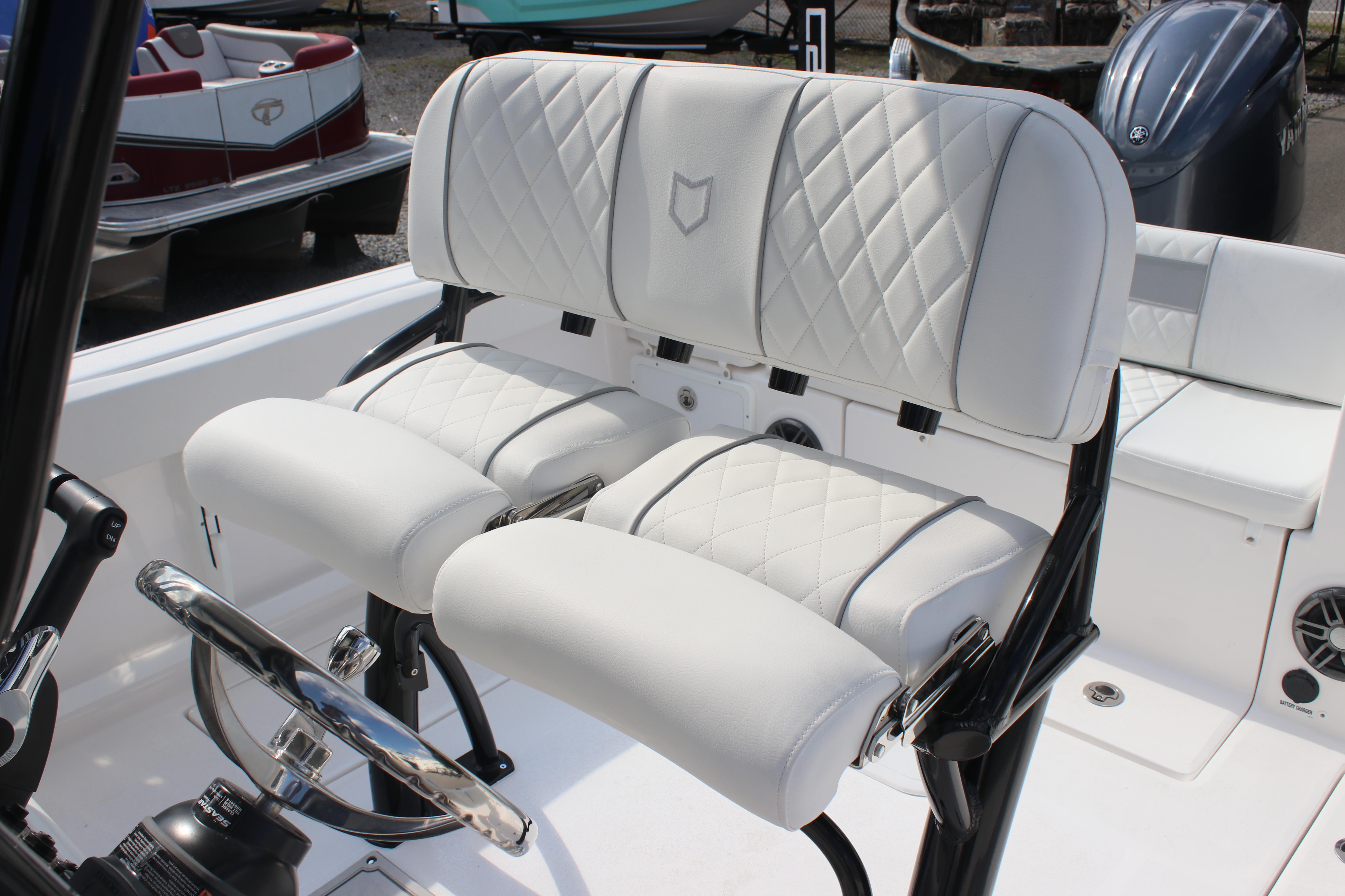 Luxurious seating on 2026 Sea Fox 268 Commander boat with diamond-stitched upholstery.