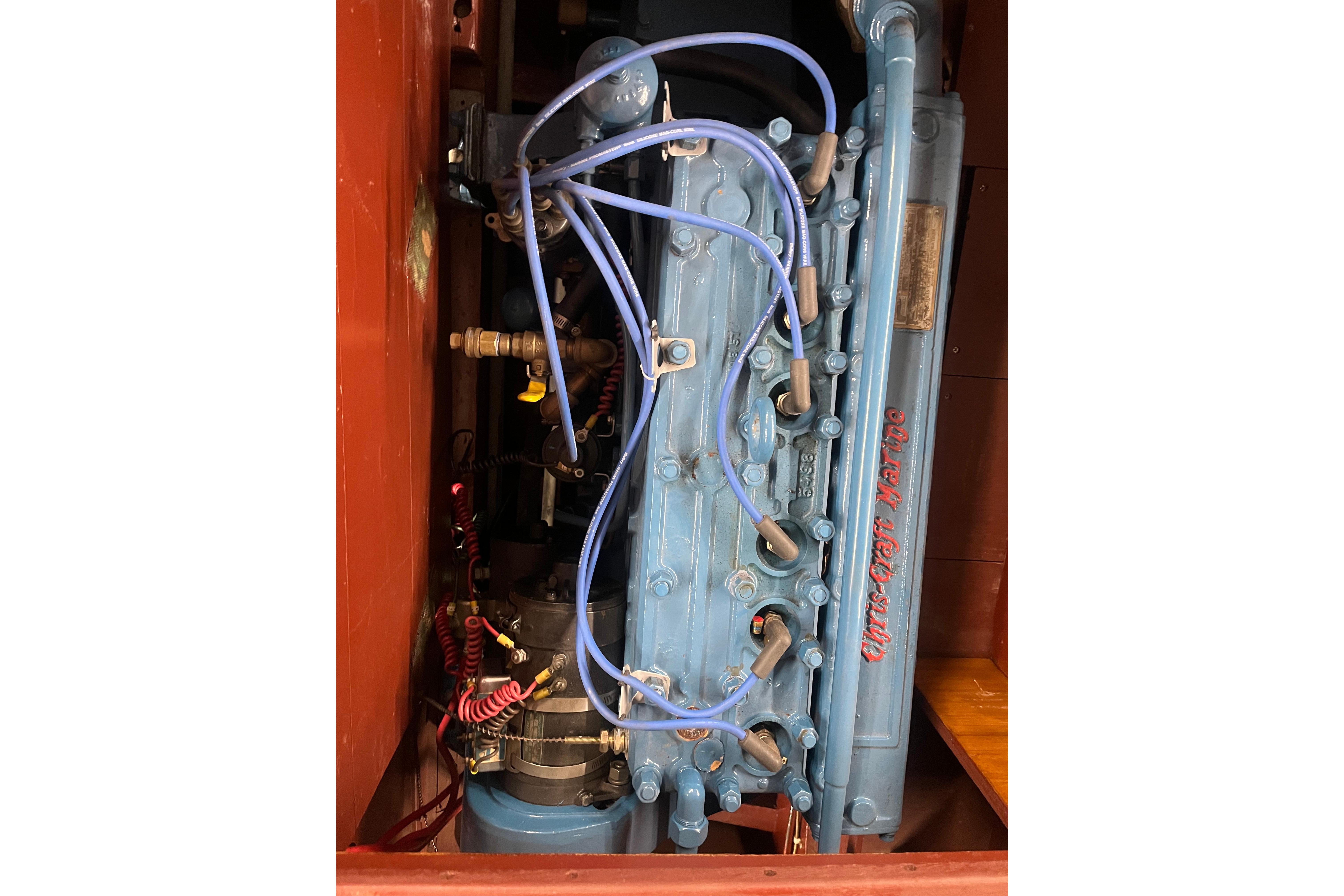 1938 Chris-Craft 28 Sportsman engine with blue wiring and components.