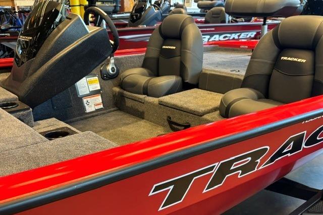 2026 Tracker Pro Team 175 boat interior with black seats and red exterior.