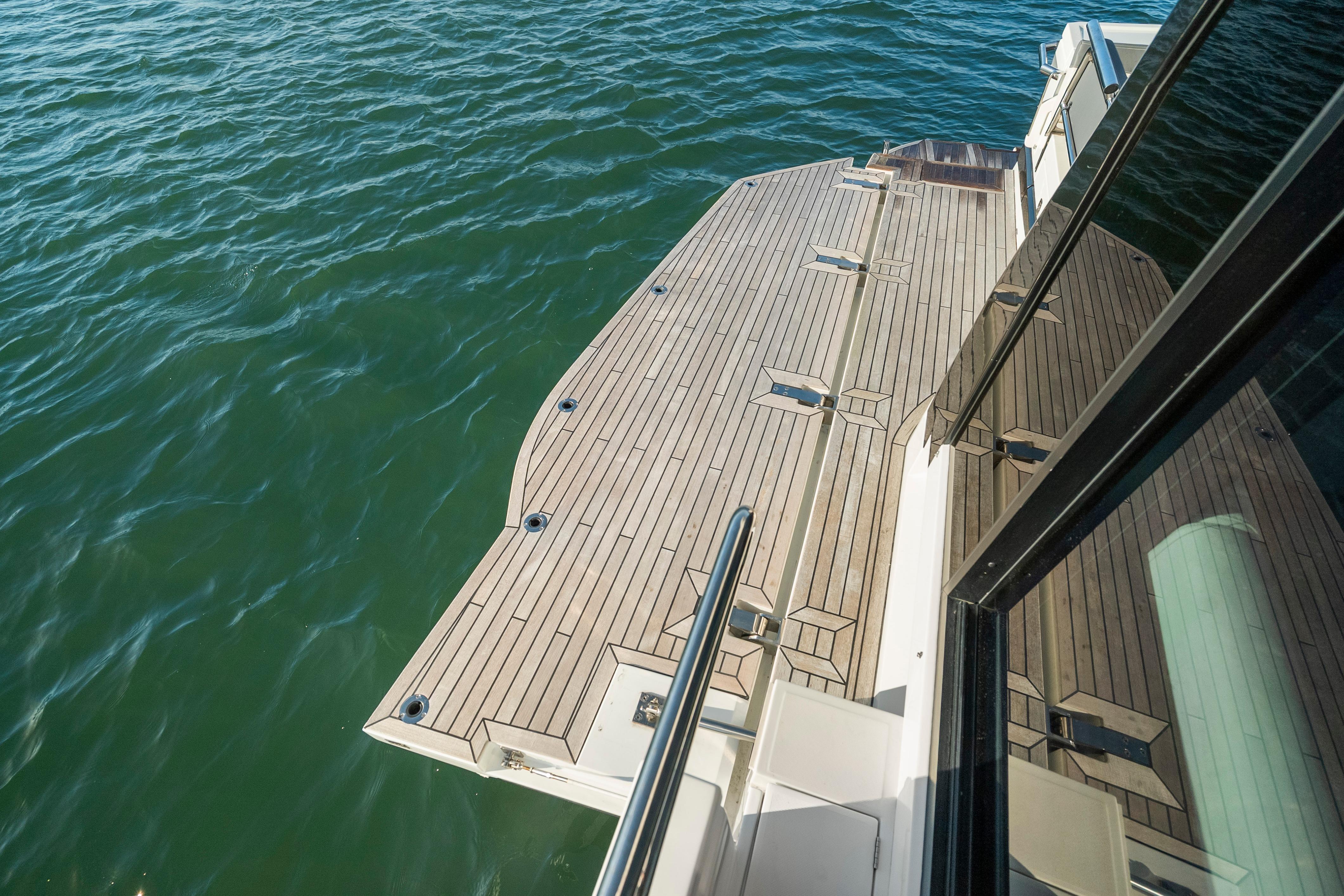 2023 Galeon 400 Fly yacht deck overlooking calm water.