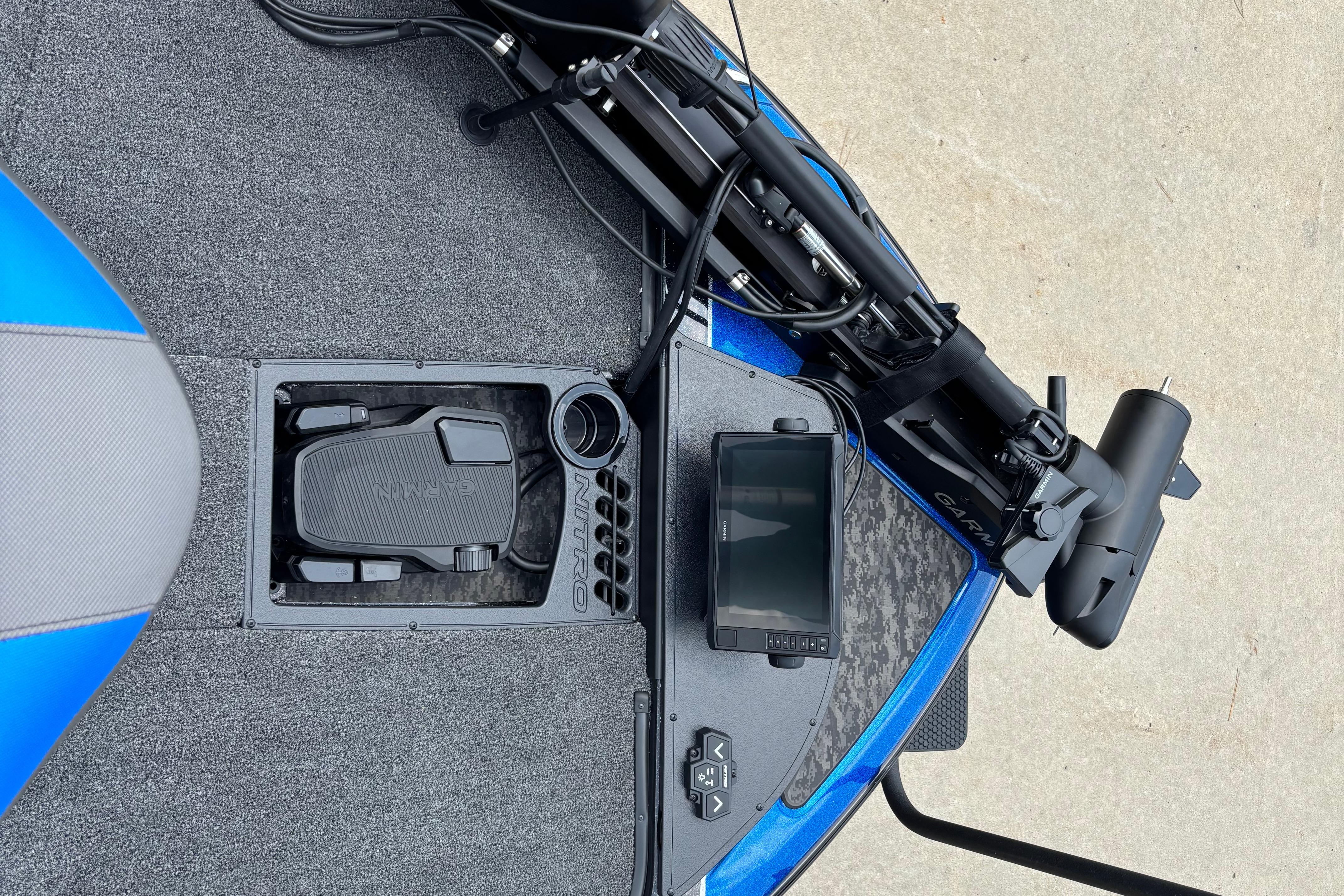 2026 Nitro Z20 XL Pro boat deck with Garmin pedal and display.