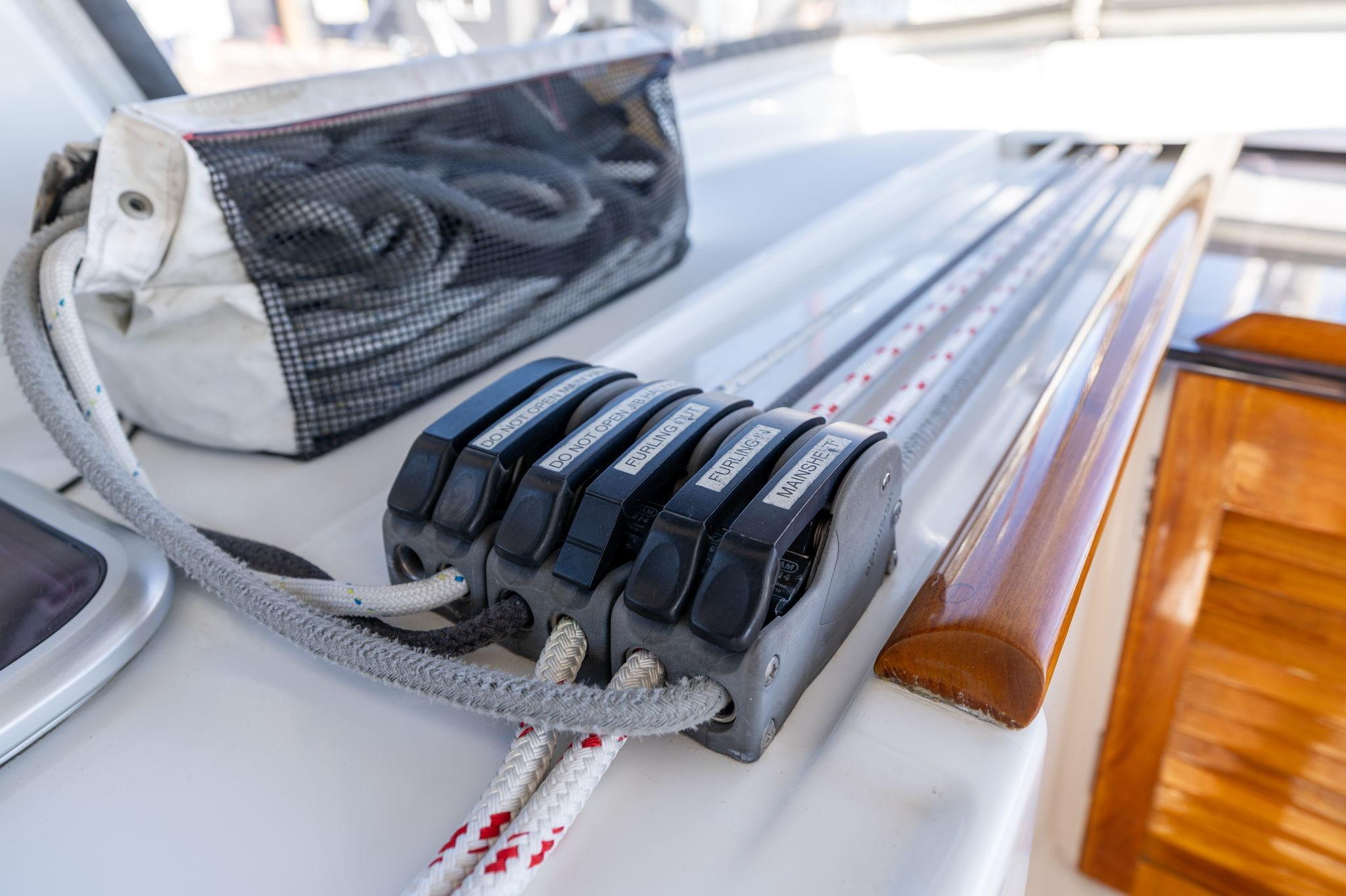 Close-up of Beneteau Oceanis 50 sailboat rigging and control lines, 2013 model.