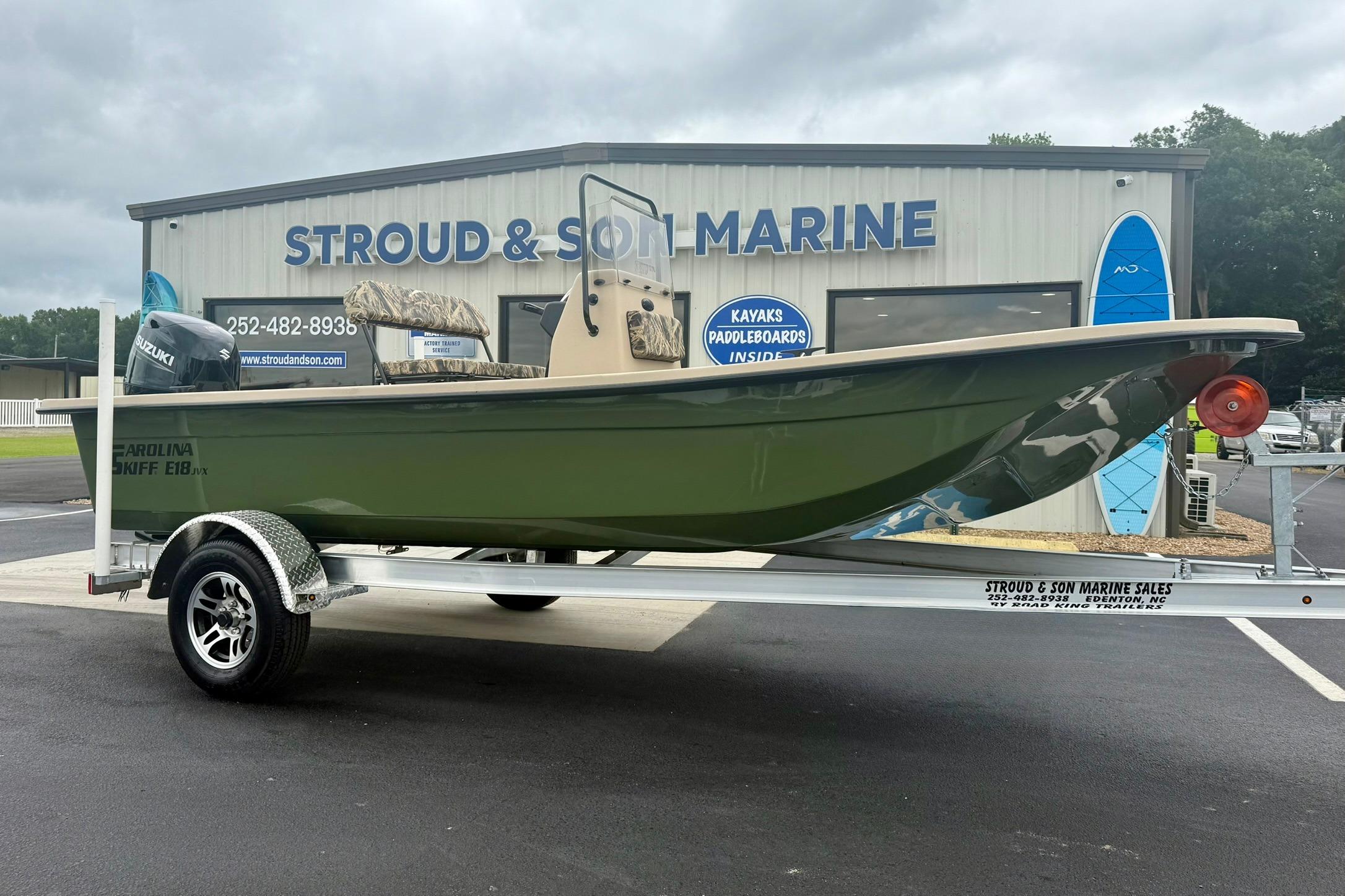 2026 Carolina Skiff E18 JVX CC boat on trailer at Stroud & Son Marine.