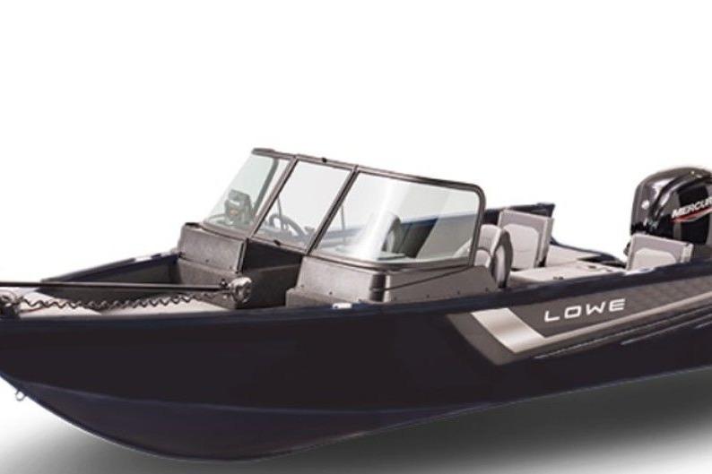 2026 Lowe Fishing Machine 1875 boat with sleek design and Mercury outboard motor.