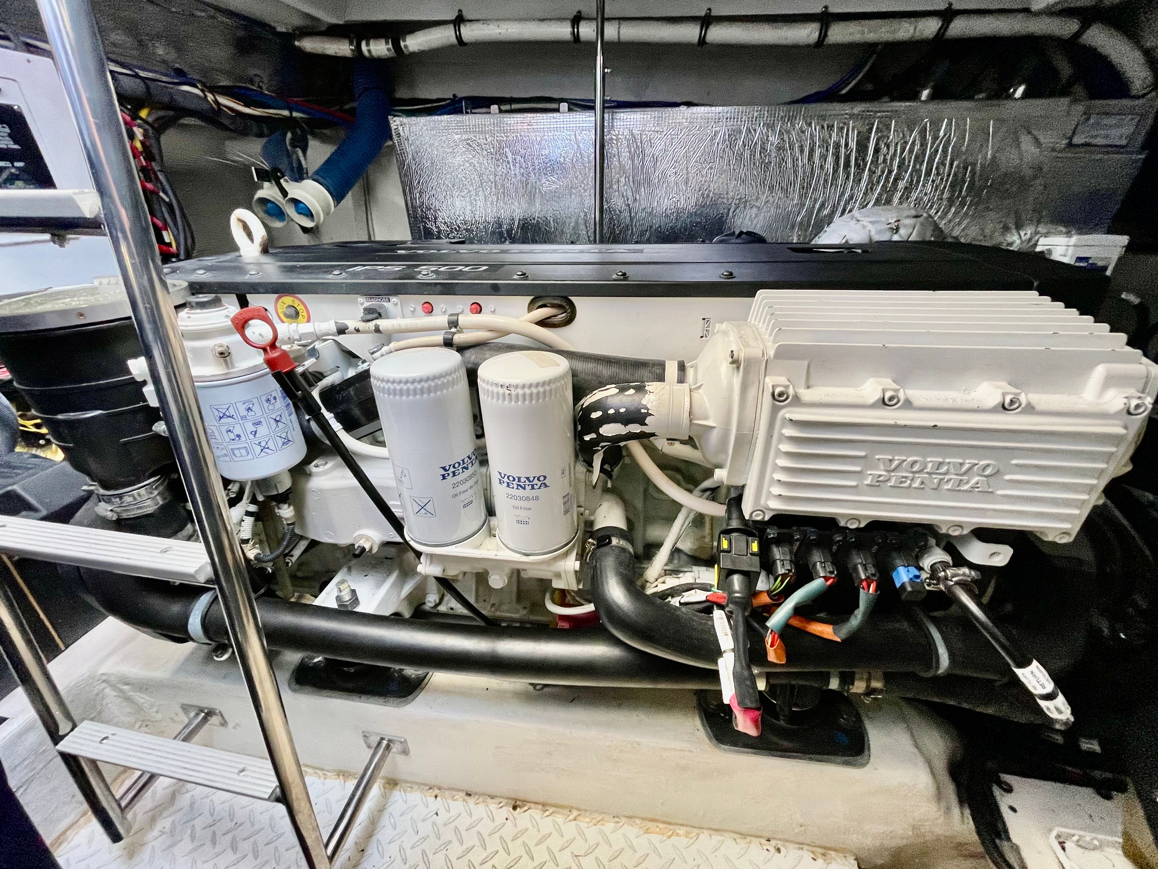 Engine room of the 2016 Cruisers Yachts 390 Express Coupe with Volvo Penta engine.
