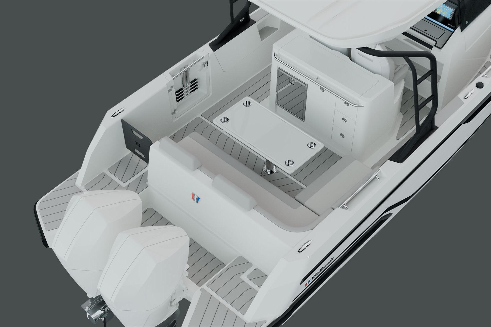 2026 Wellcraft 28 T-Top boat interior with seating and dual engines.