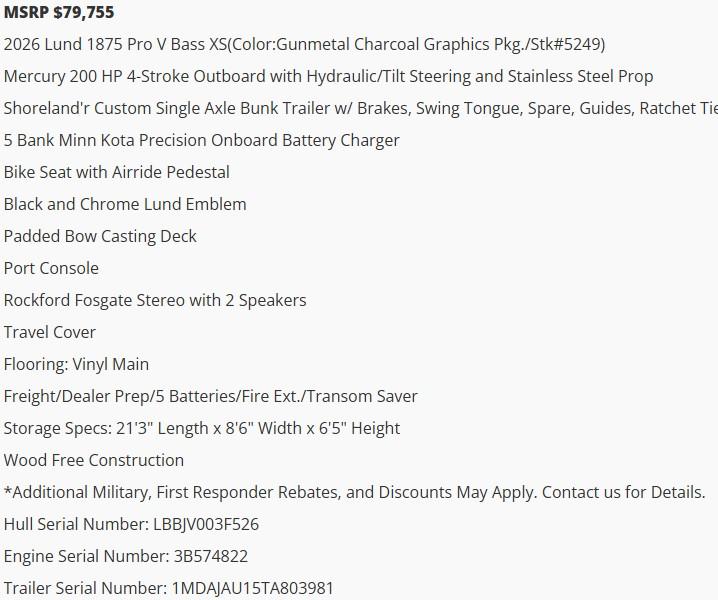 2026 Lund 1875 Pro-V Bass XS boat features and specifications list with pricing details.