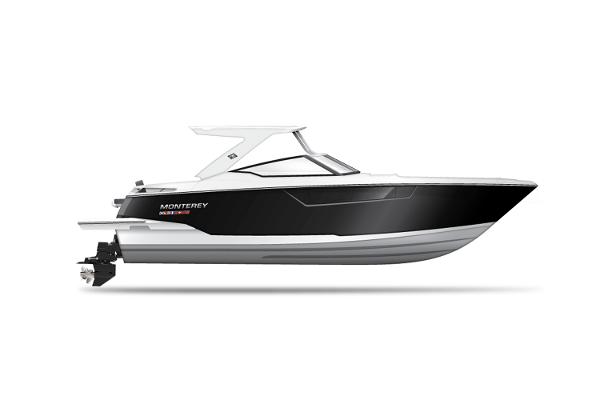 Manufacturer Provided Image: 2022 Monterey 378SS Super Sport boat, sleek black and white design, side view.