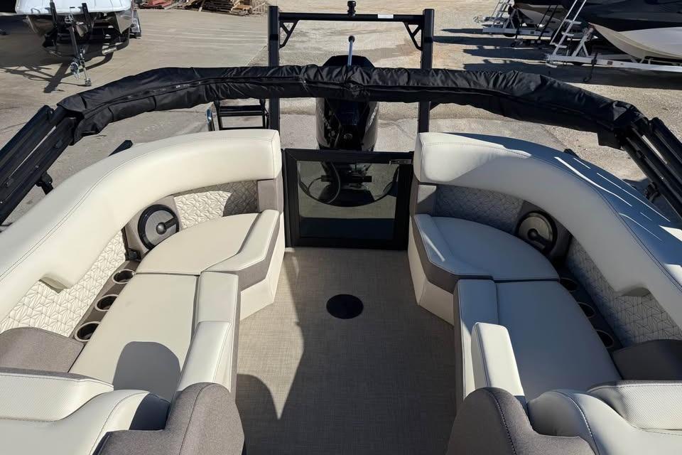 Luxurious interior of 2026 Alera MQ23 boat with plush seating and modern design.