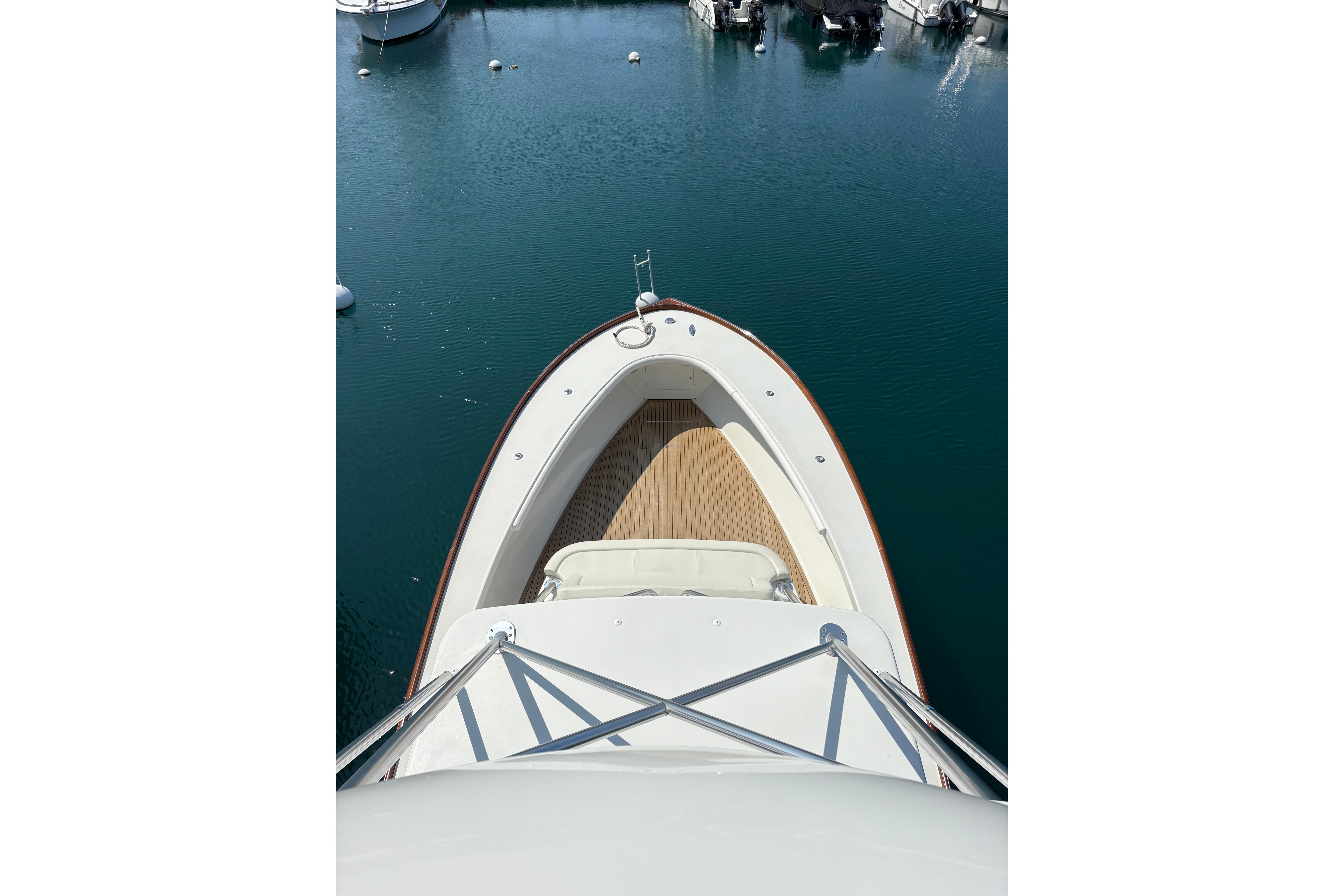 2007 Gamefisherman 42 Walkaround boat, aerial view of bow in marina.
