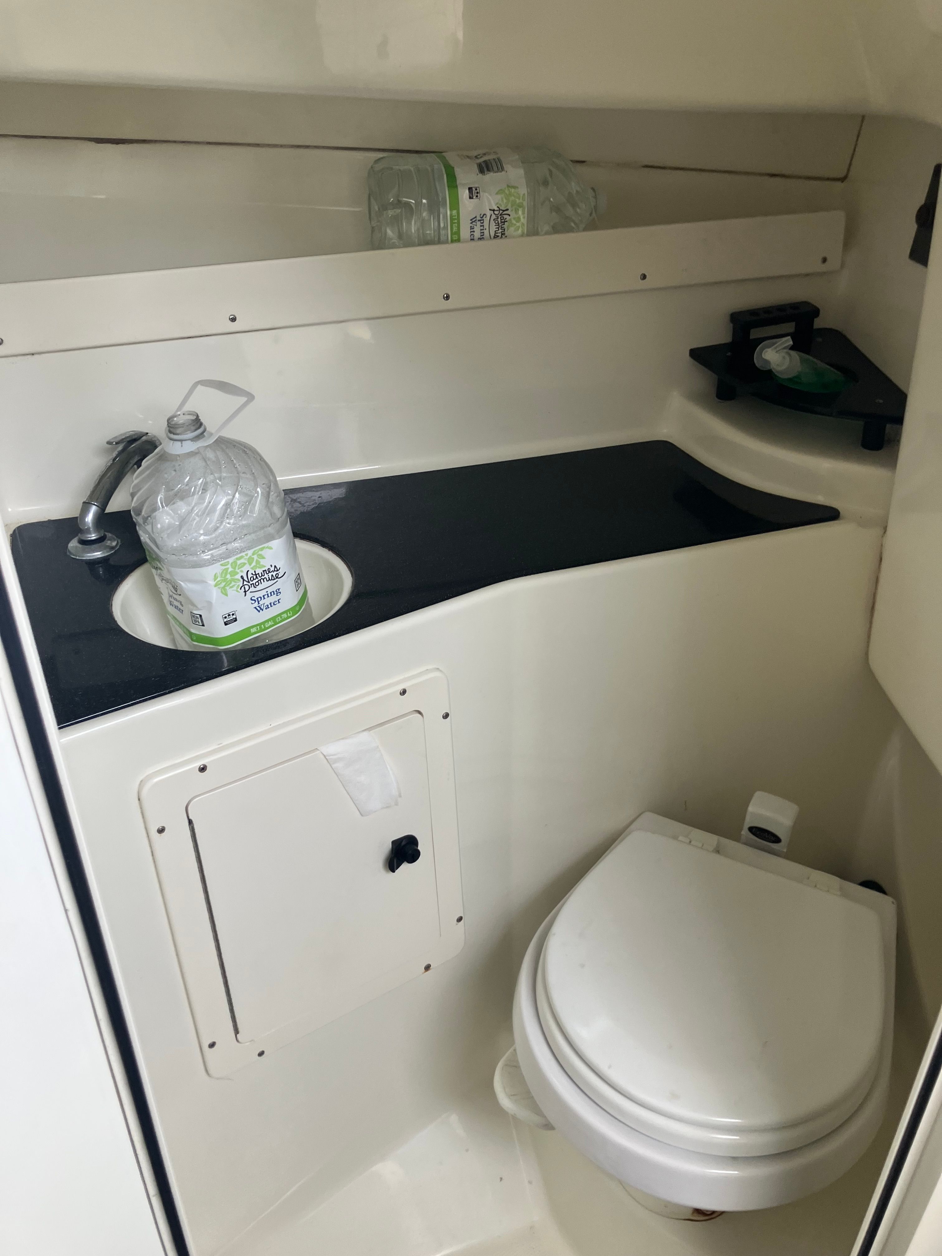 Interior of 2002 Hydra-Sports Vector 2600 WA with toilet and sink.