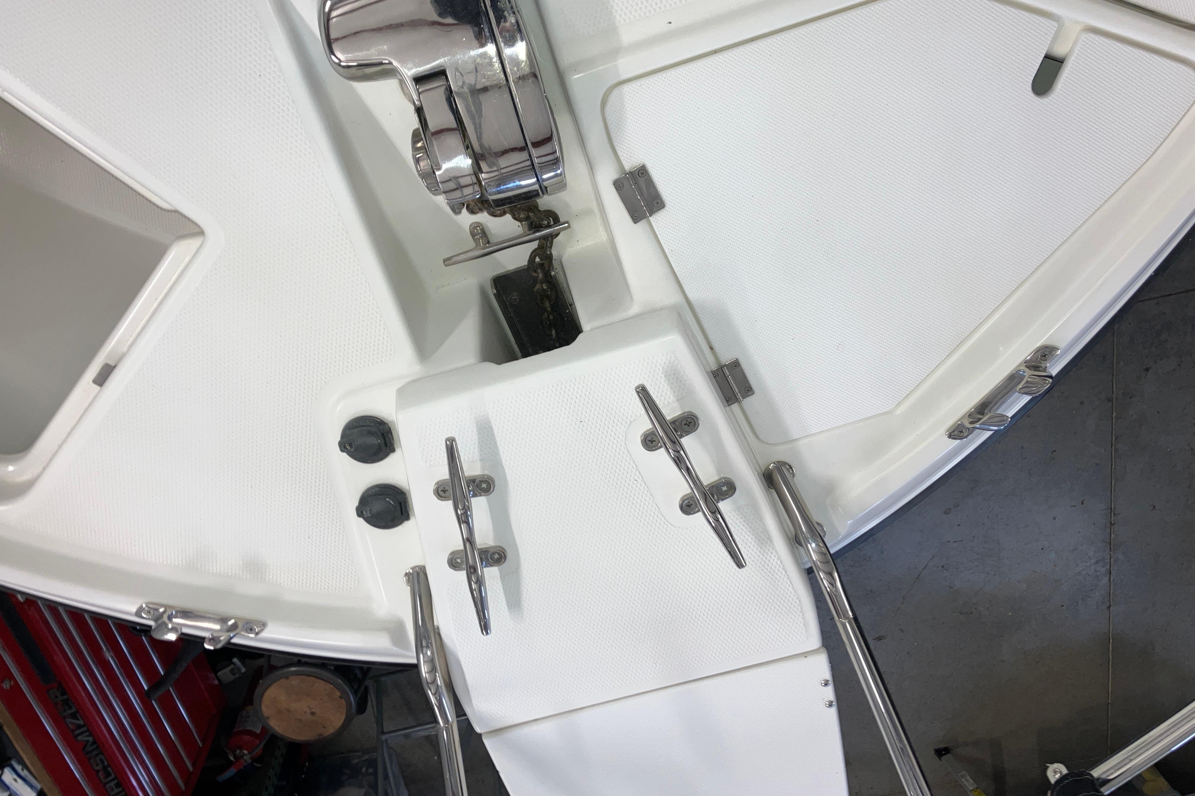 2017 Cutwater C-30 Sedan boat deck with cleats and anchor chain.