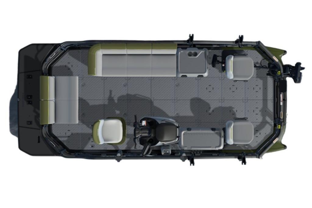 Top view of 2026 Sea-Doo Switch Fish 18 boat layout with seating and controls.