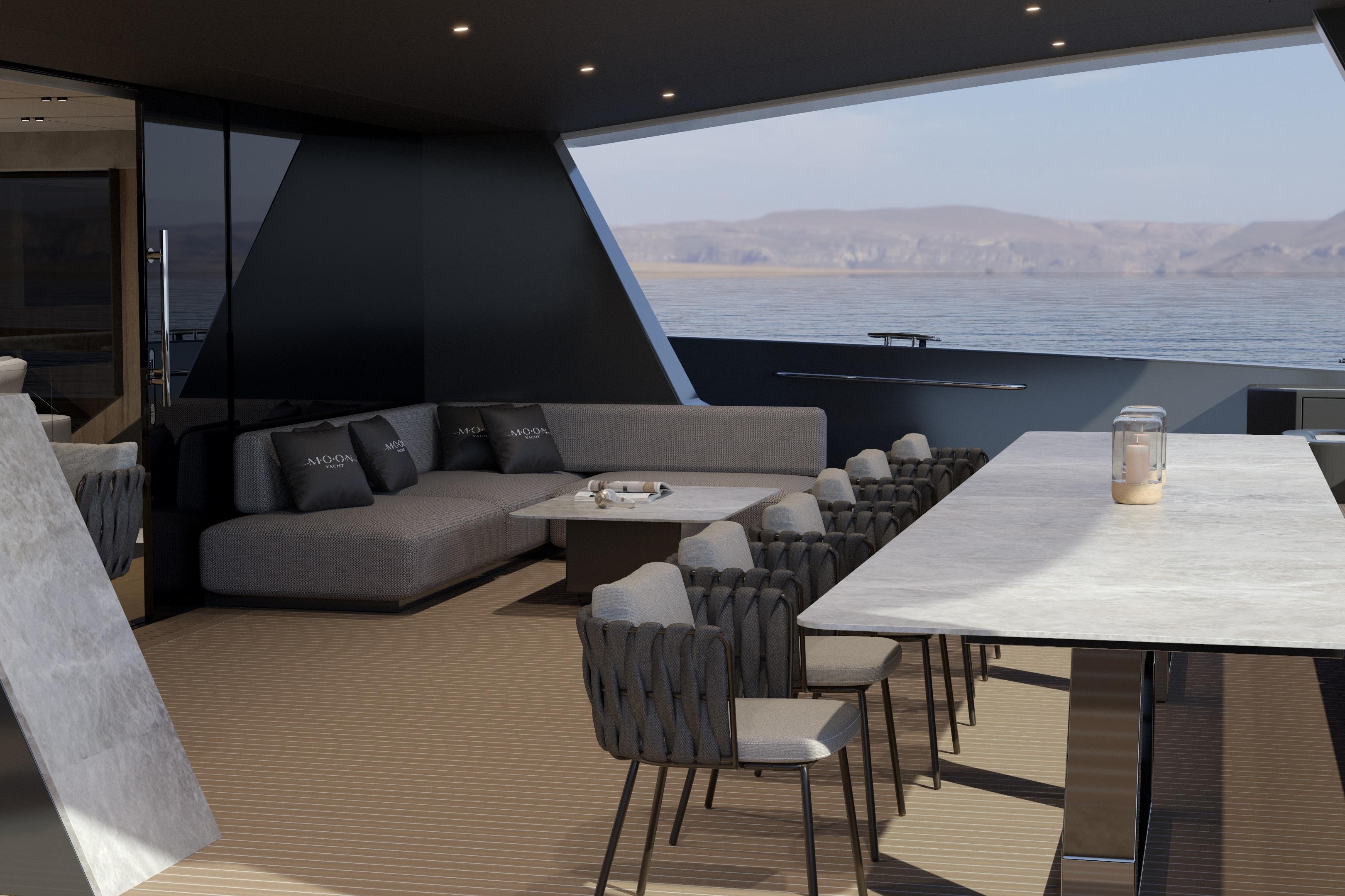 Luxurious interior of 2027 Moon 9ty yacht with elegant seating and ocean view.