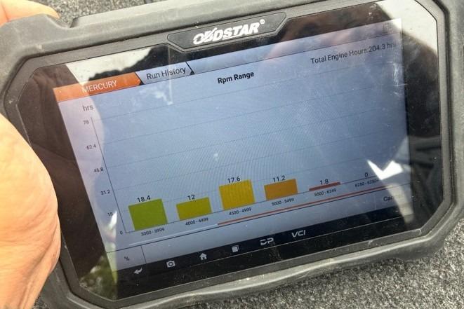 Tablet displaying engine RPM history for 2015 Tracker Pro Team 190 TX boat.