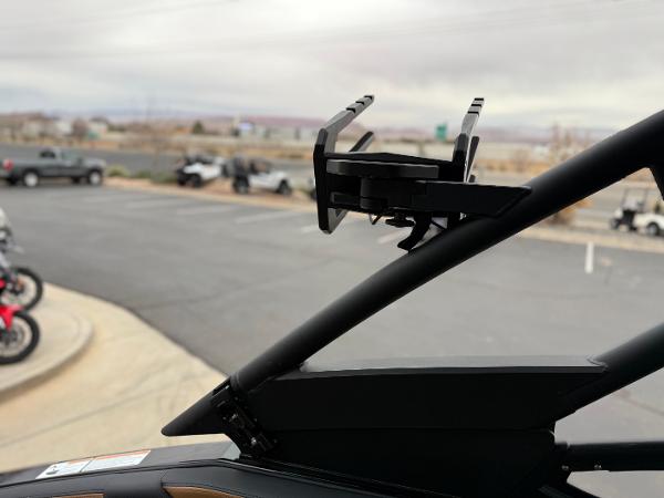 Close-up of 2025 Yamaha Boats 255XD tower mount in a parking lot.